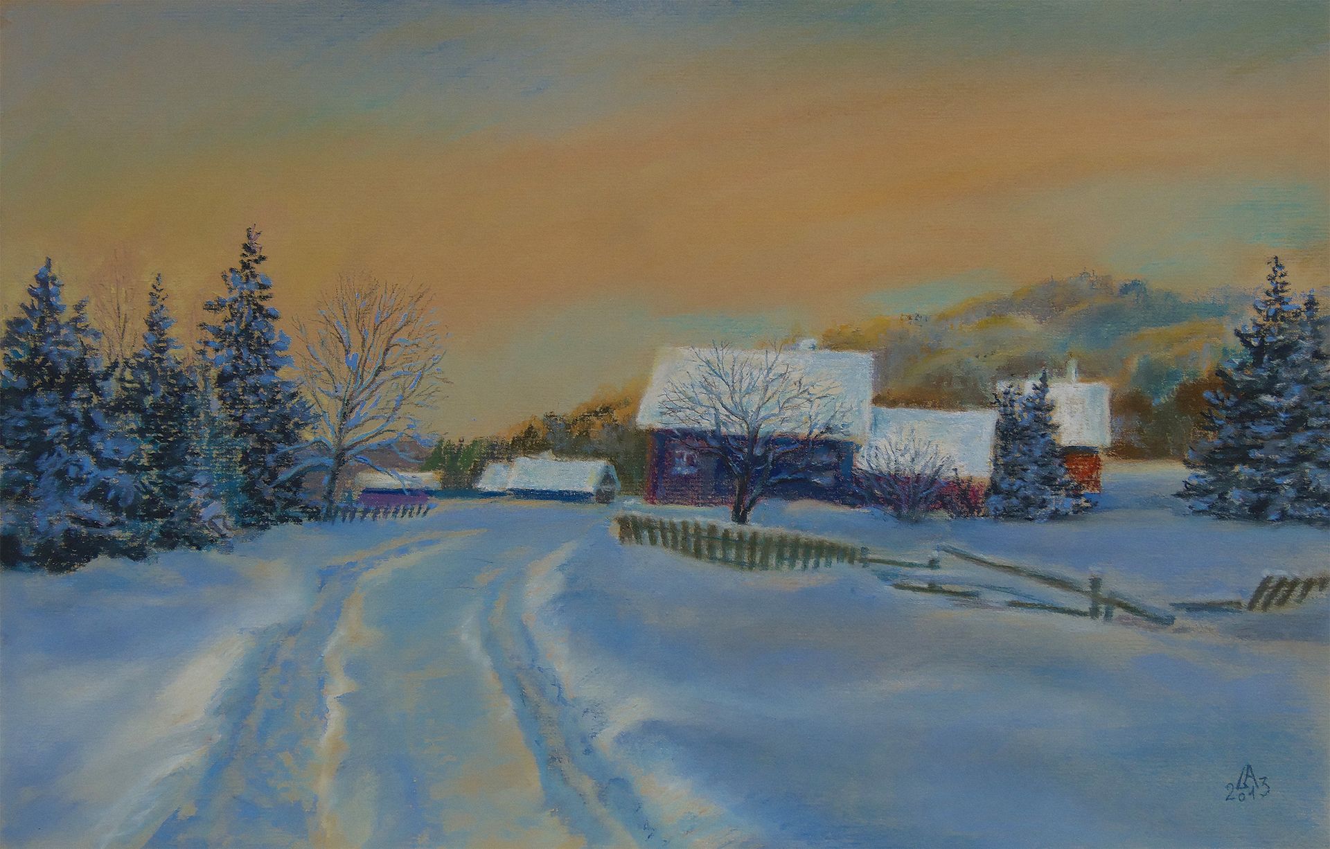 Александра Ларионова (Авторская графика - 
                  49 x 31.5 см) Дома в снегу