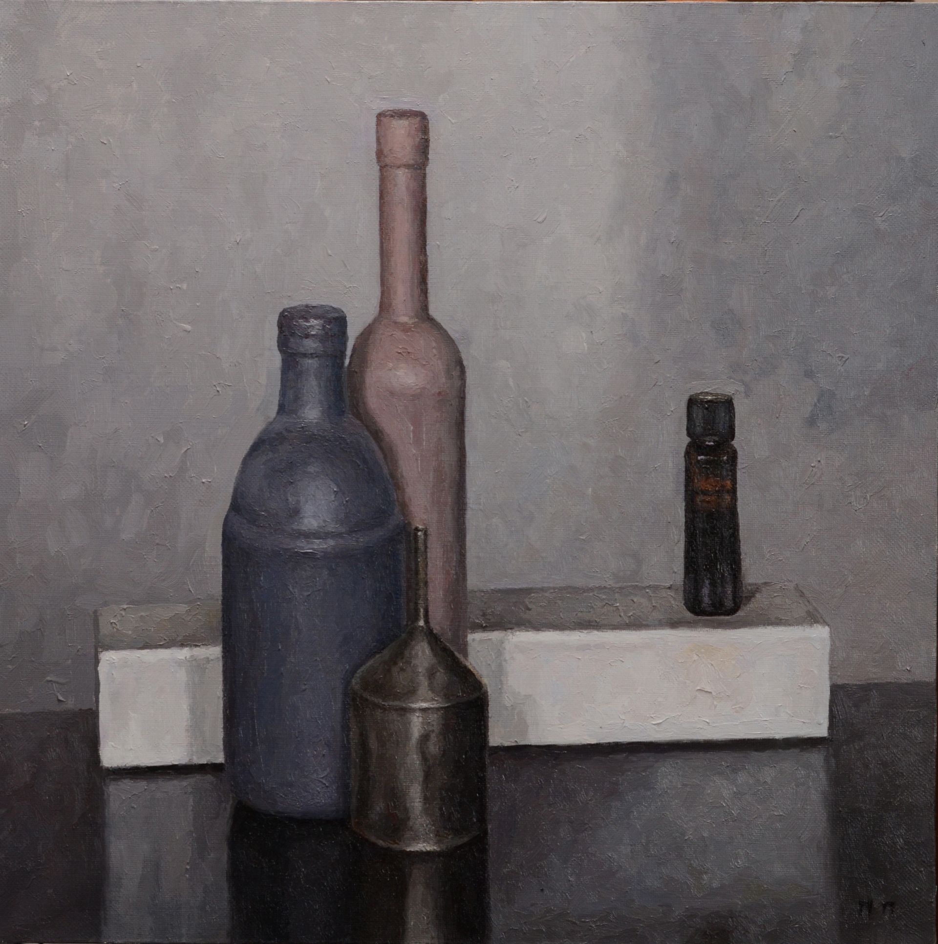 Павел Петров (Картина, живопись - 
                  60 x 60 см) Натюрморт с тремя бутылками и воронкой