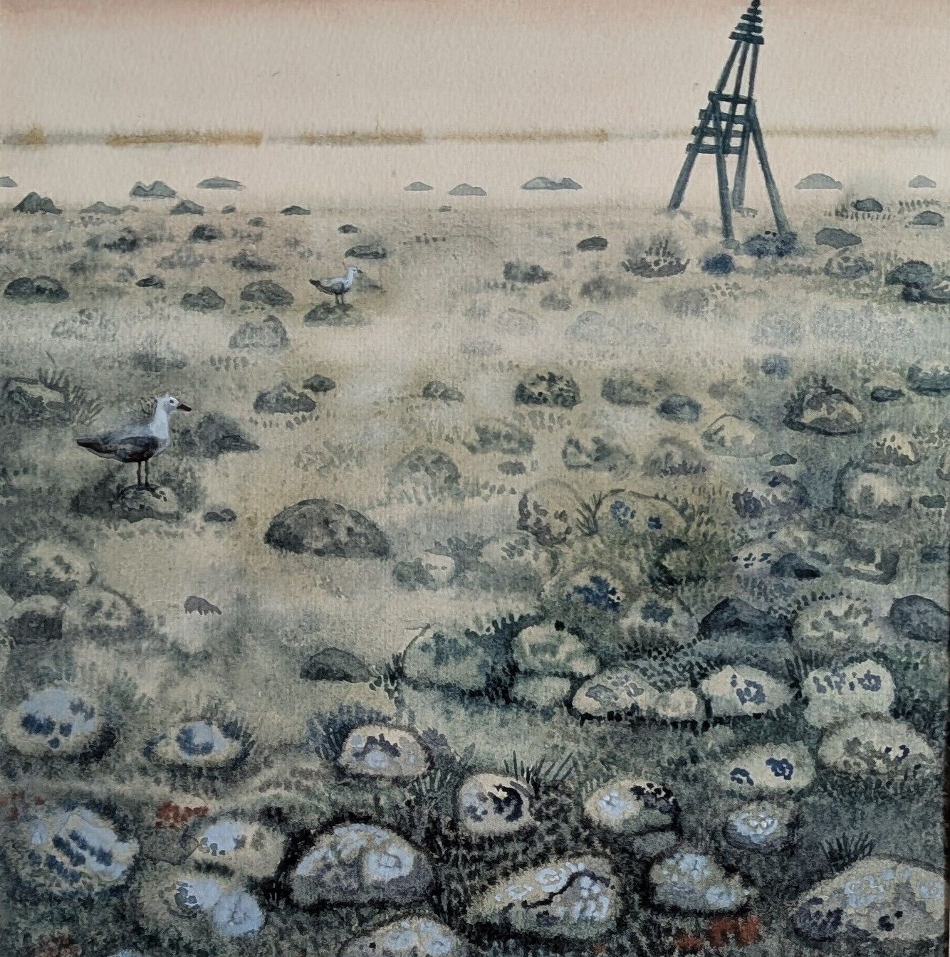 Екатерина Маланьина (Авторская графика - 
                  37 x 40 см) Камни, море, чайки...