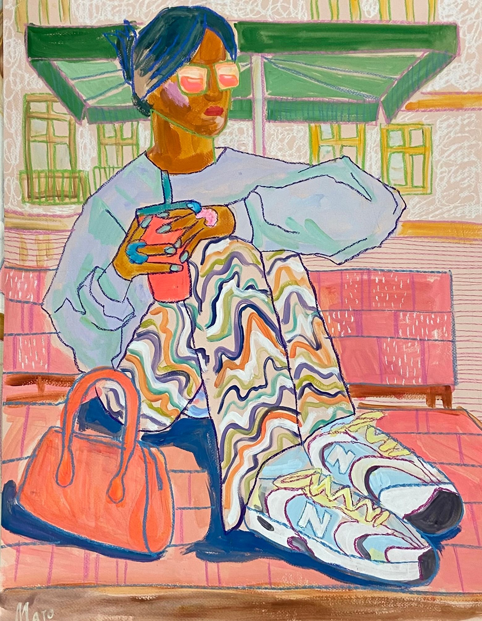 Александра Мато (Авторская графика - 
                  50 x 65 см) Девушка на лавке