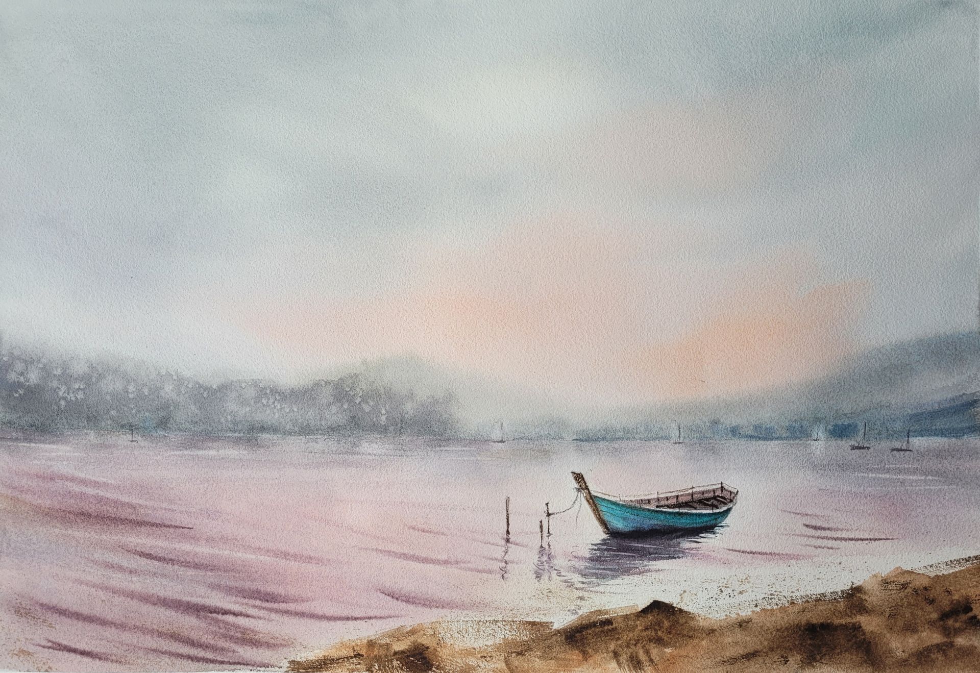Светлана Юматова (Авторская графика - 
                  53 x 36 см) На озере туман