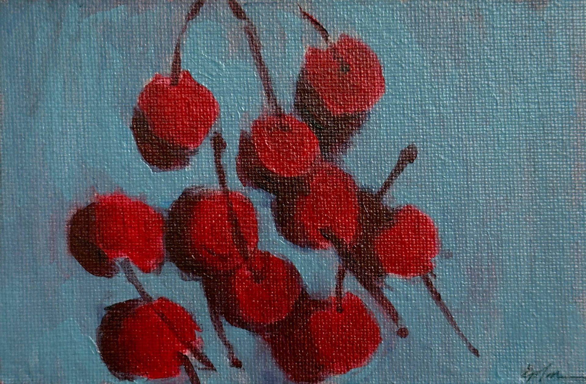 Виктория Зарецкая (embrassé par la muse) (Авторская графика - 
                  15 x 10 см) Вишня на голубой скатерти