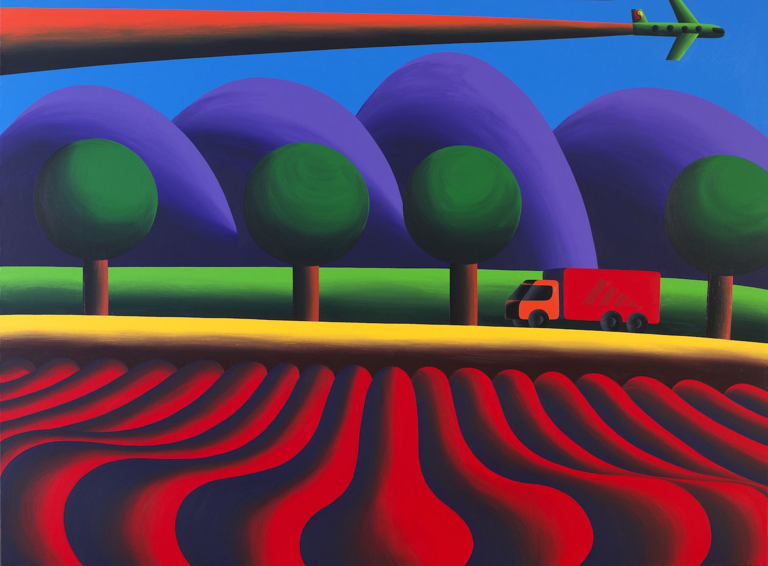Олег Хвостов (Картина, живопись - 
                  190 x 140 см) Пейзаж с машиной и красным полем