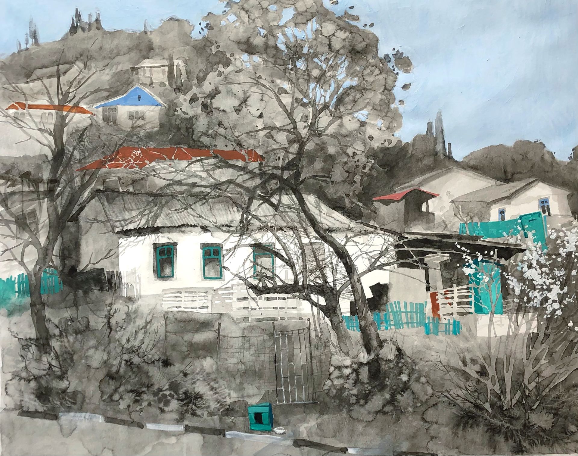 Надежда Болдина (Авторская графика - 
                  74 x 60 см) Дом с зеленой будкой