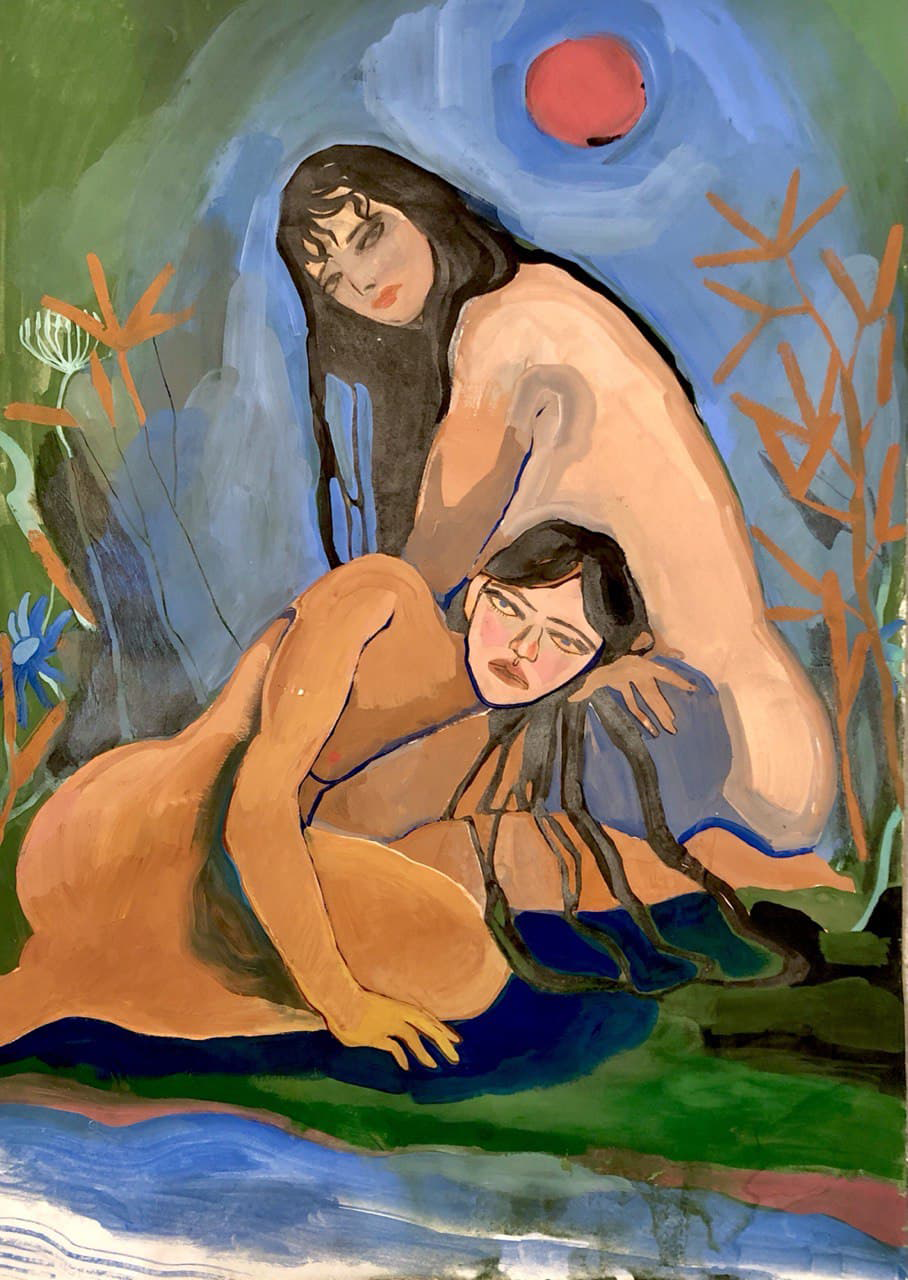 Дарика Бакеева (Авторская графика - 
                  60 x 42 см) Девушки в тропическом лесу