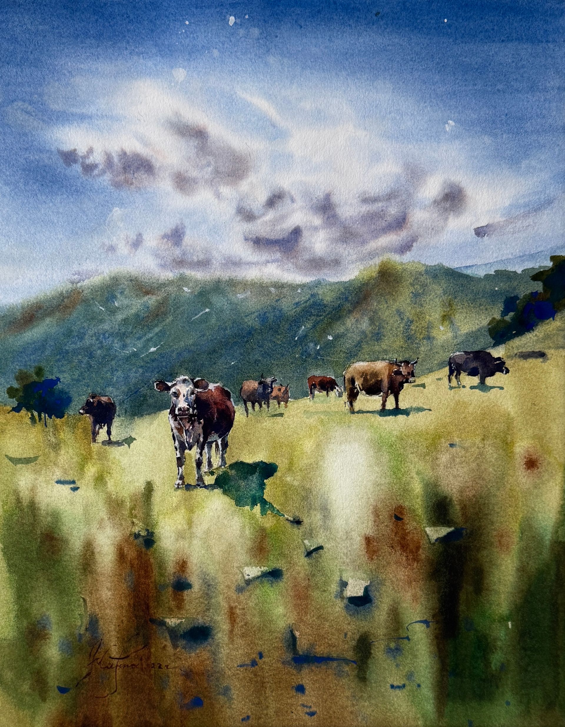 Жанна Губина (Авторская графика - 
                  30 x 40 см) Архыз.Коровы
