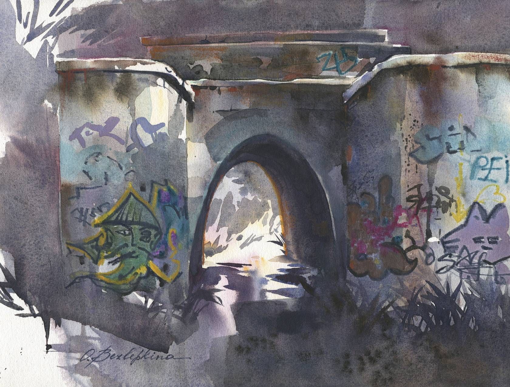 Ольга Безлепкина (Авторская графика - 
                  40 x 30 см) Тоннель. Вечер