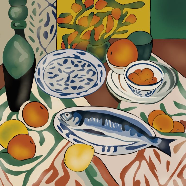 Нина Цориева (Картина, живопись - 
                  70 x 70 см) Натюрморт с рыбой