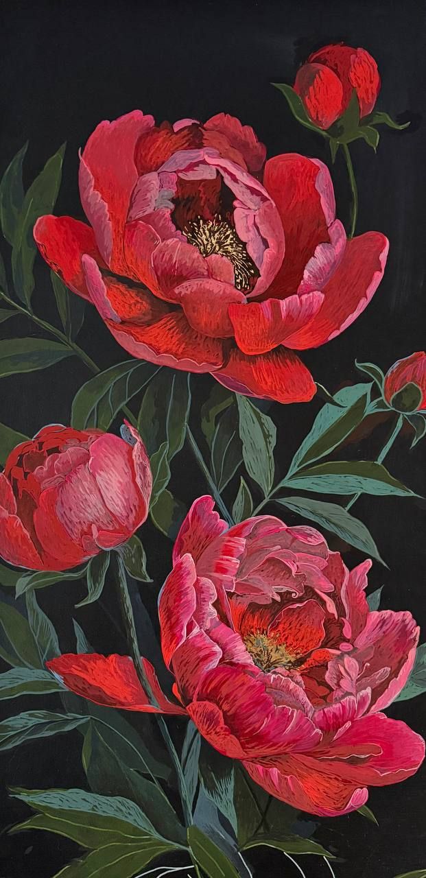 Алена Сокольникова (Картина, живопись - 
                  50 x 100 см) Красные пионы