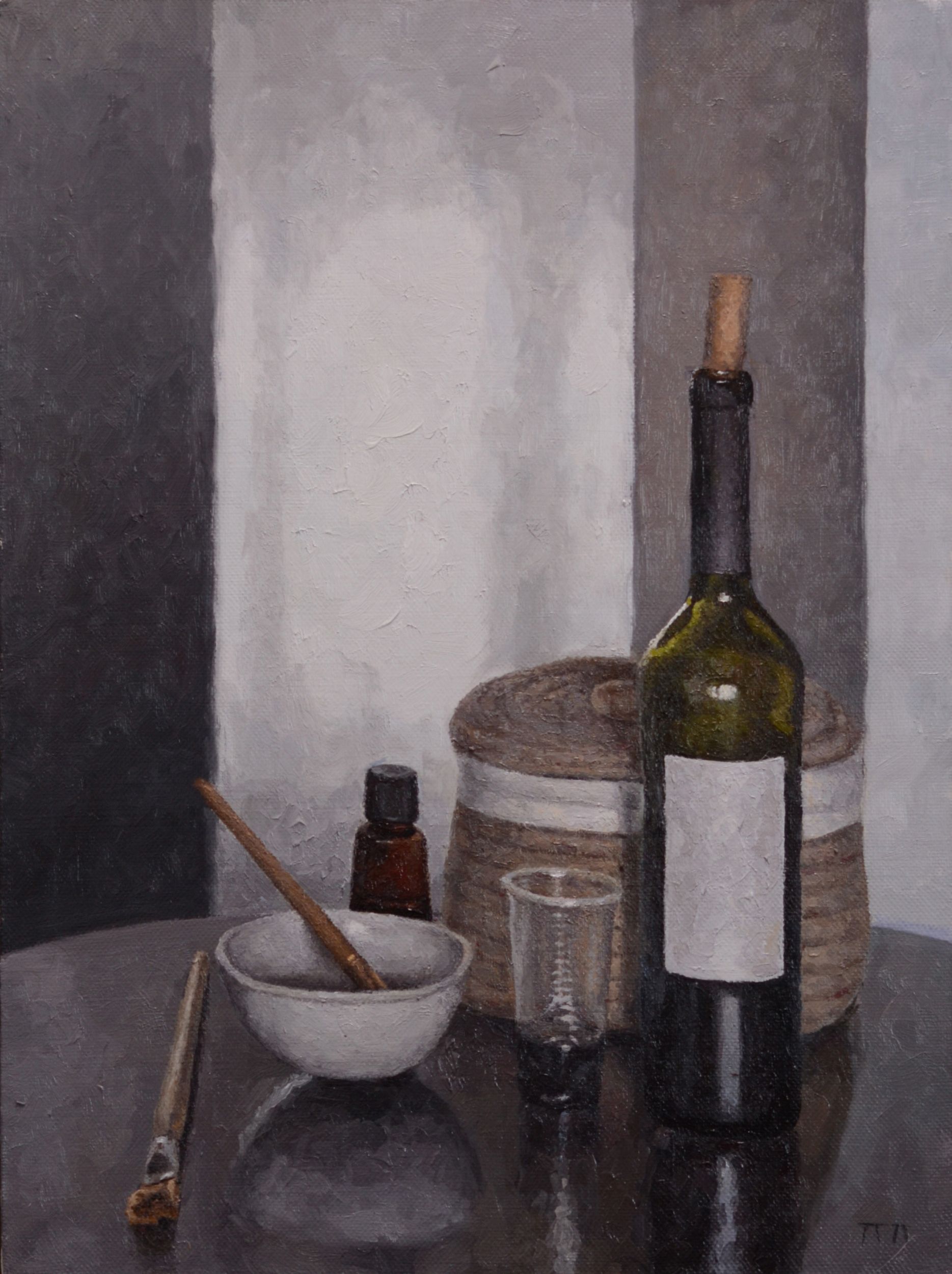 Павел Петров (Картина, живопись - 
                  45 x 60 см) Натюрморт с бутылками и кистями