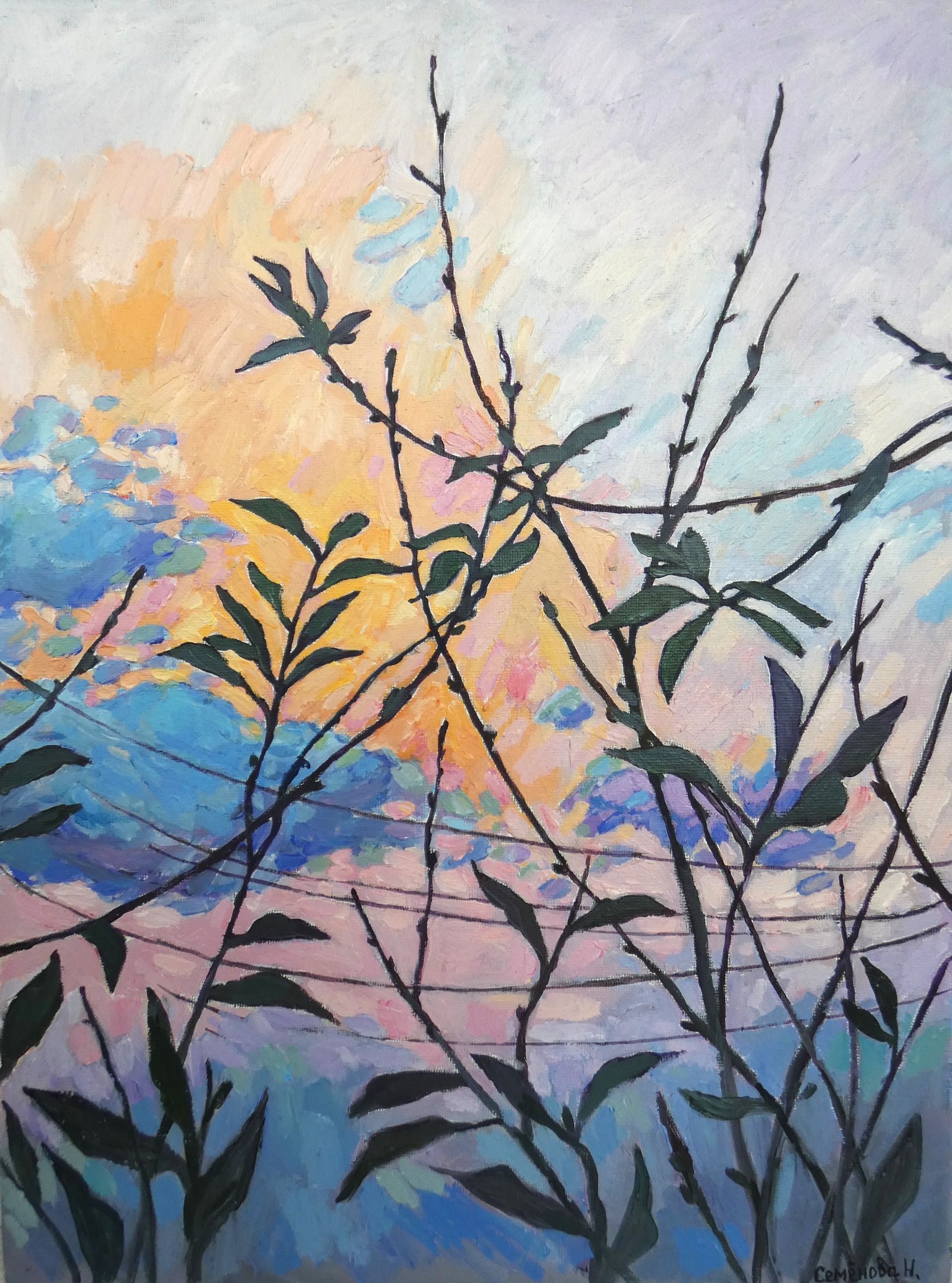 Наталья Семёнова (Авторская графика - 
                  30 x 40 см) Ветви на закате