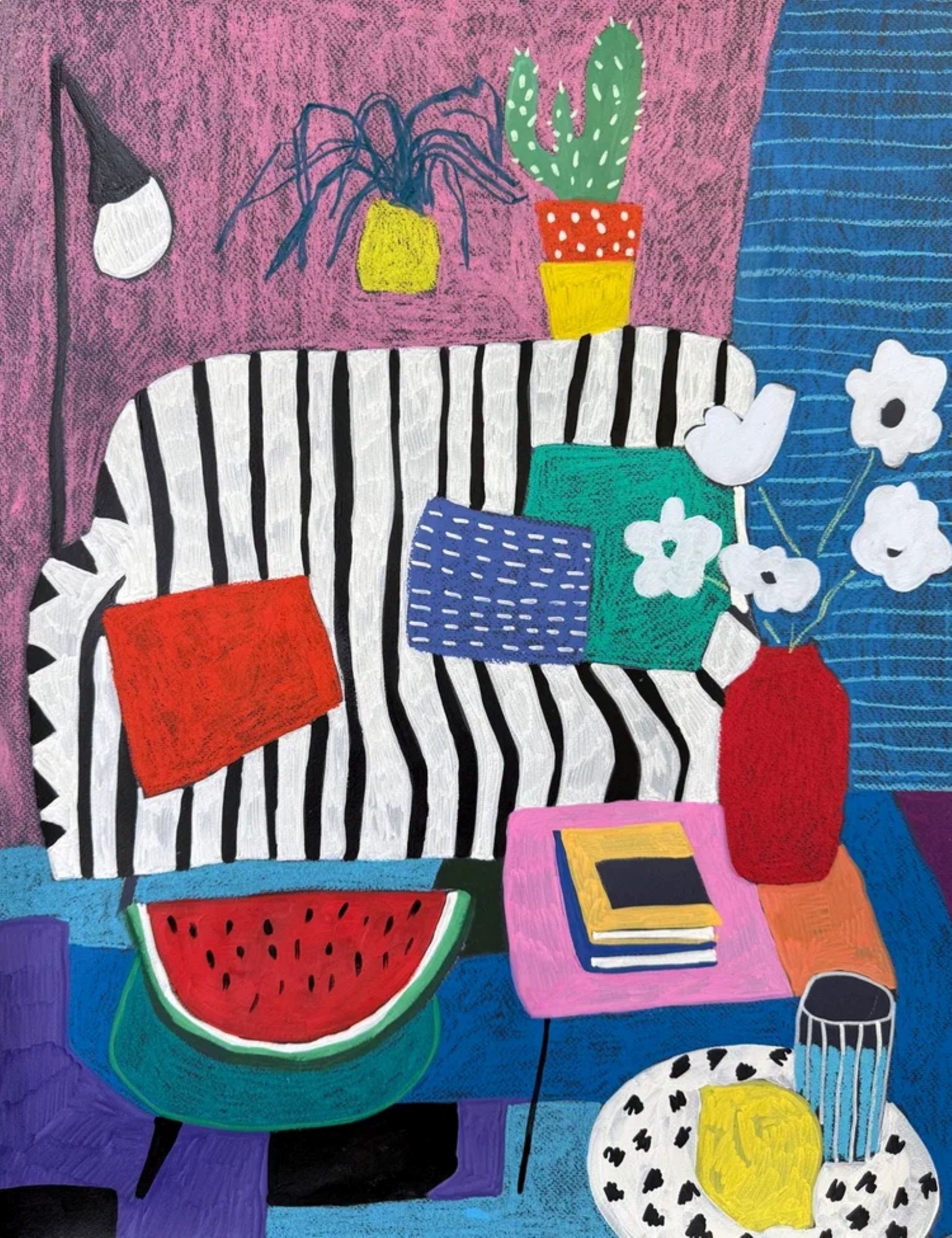 Саша Робинсон (Авторская графика - 
                  50 x 65 см) Интерьер в полоску с растениями