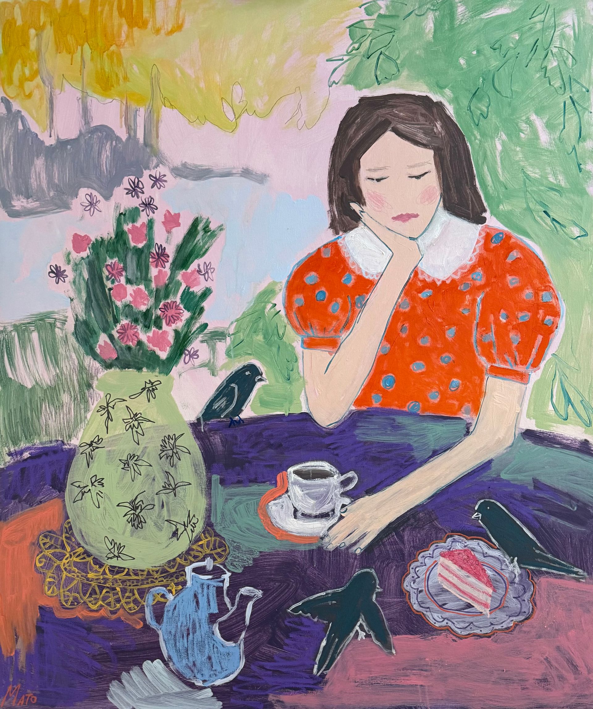 Александра Мато (Картина, живопись - 
                  100 x 120 см) Чаепитие с птичками