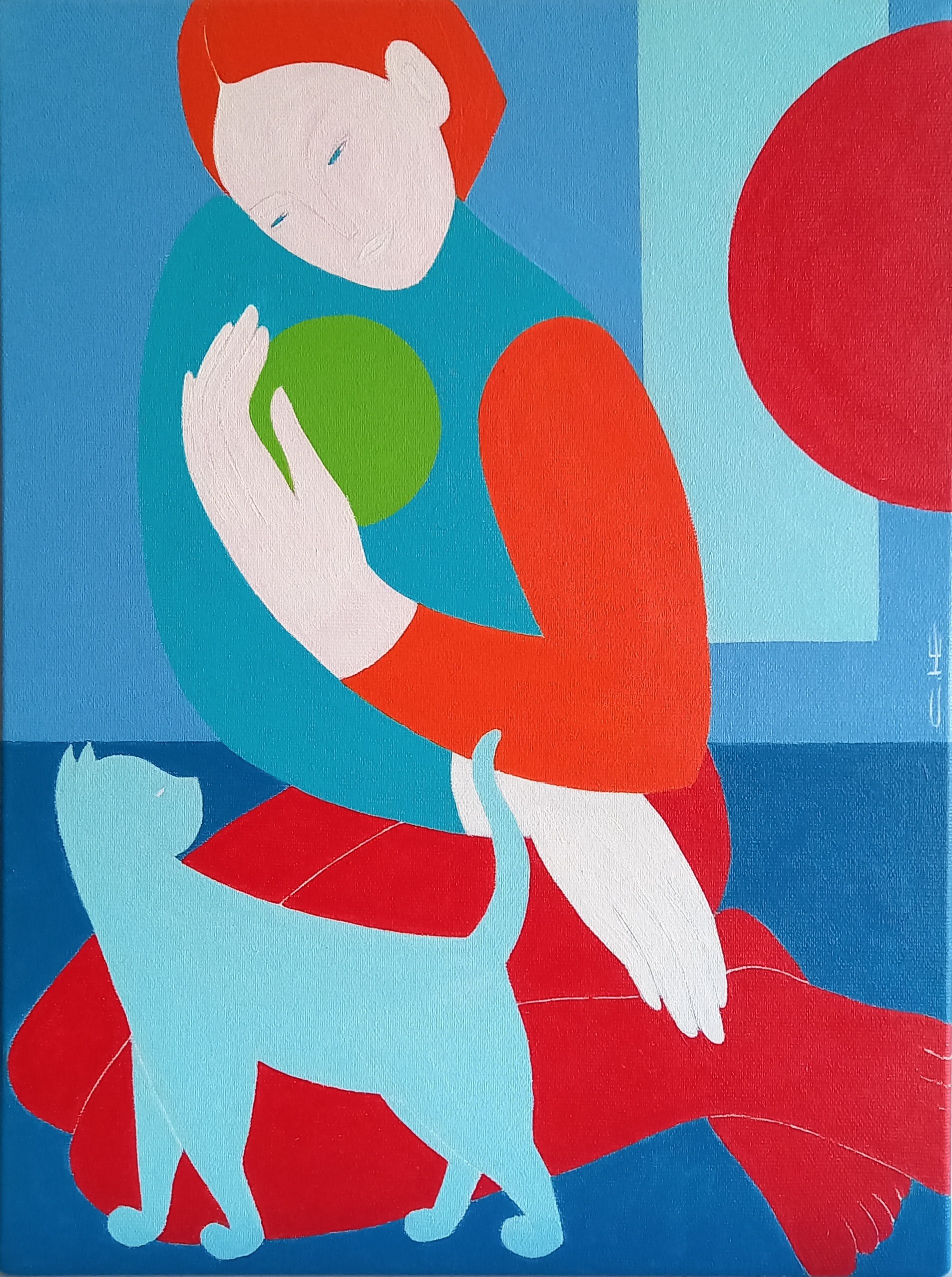 Саша Катинаускиене (Картина, живопись - 
                  30 x 40 см) Девушка в красных колготках и голубая кошка