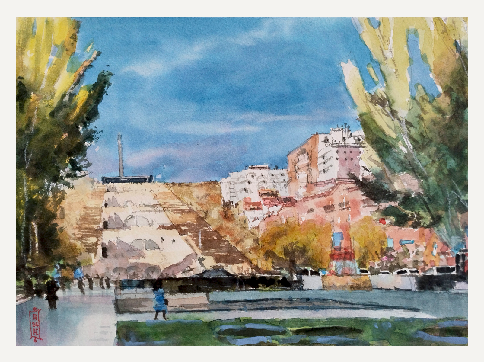 Александр Кормилицын (Авторская графика - 
                  30 x 22 см) Теплый вечер на Каскаде
