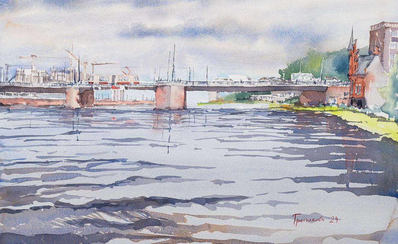 Юлия Третьякова (Авторская графика - 
                  54 x 33 см) Вид на Высокий мост, г. Калининград