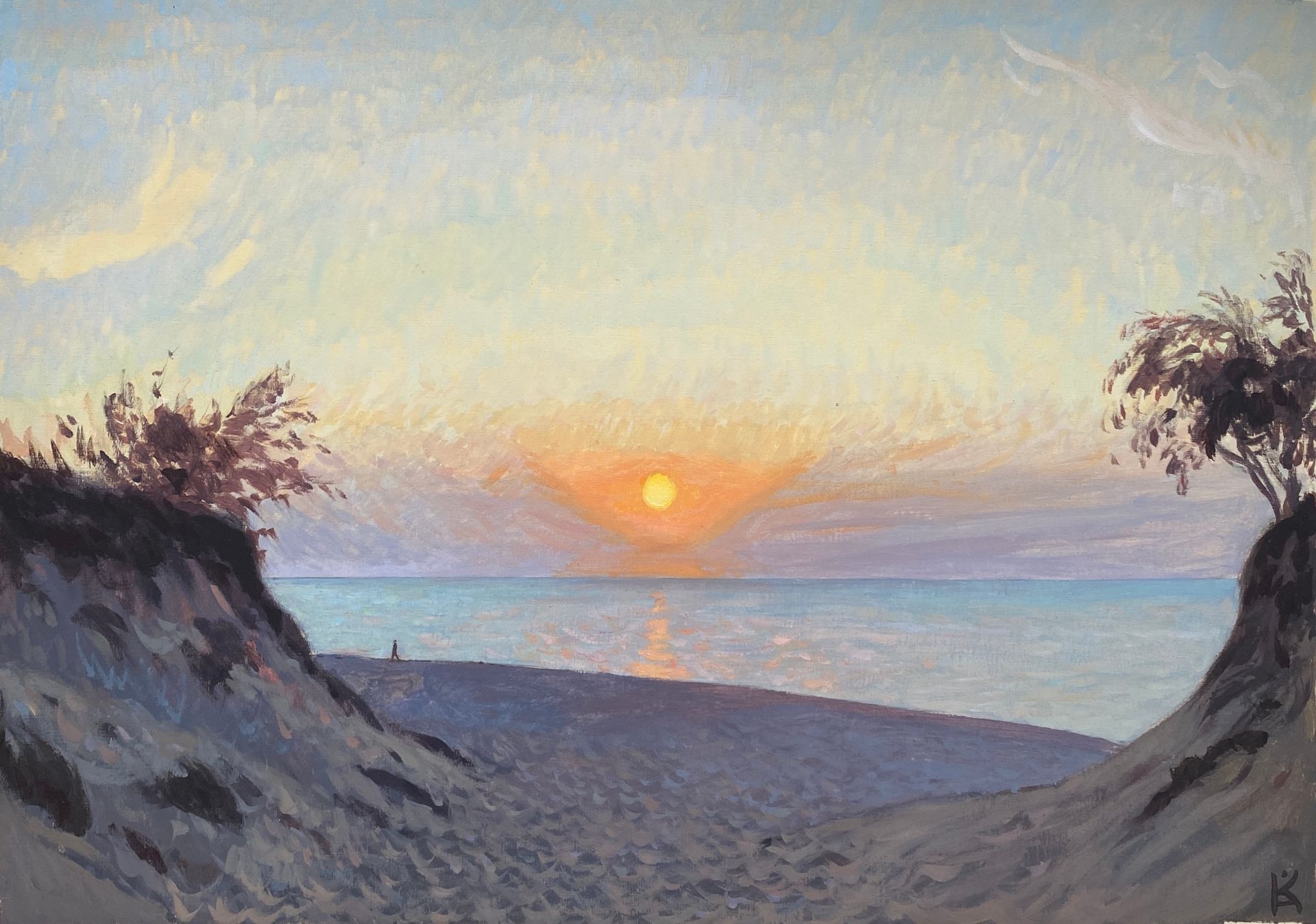 Алексей Кротов (Авторская графика - 
                  42 x 30 см) Закат на берегу Куршской косы