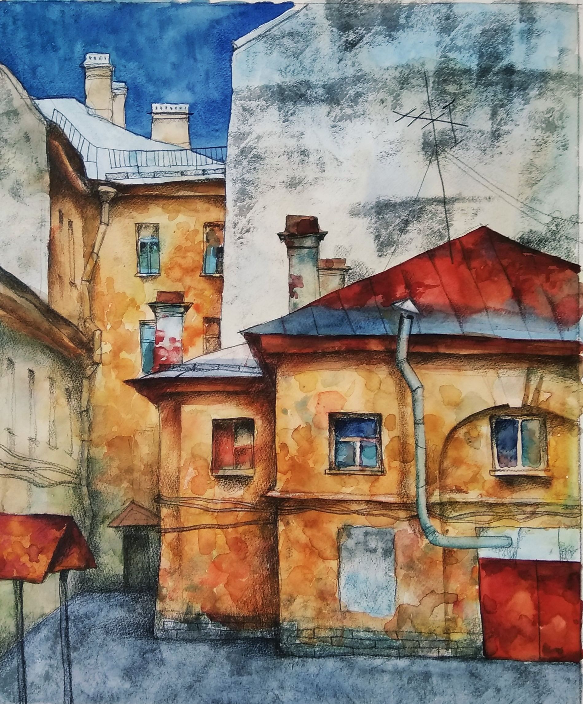 Анастасия Крушельницкая (Авторская графика - 
                  43 x 53 см) Двор с красной крышей