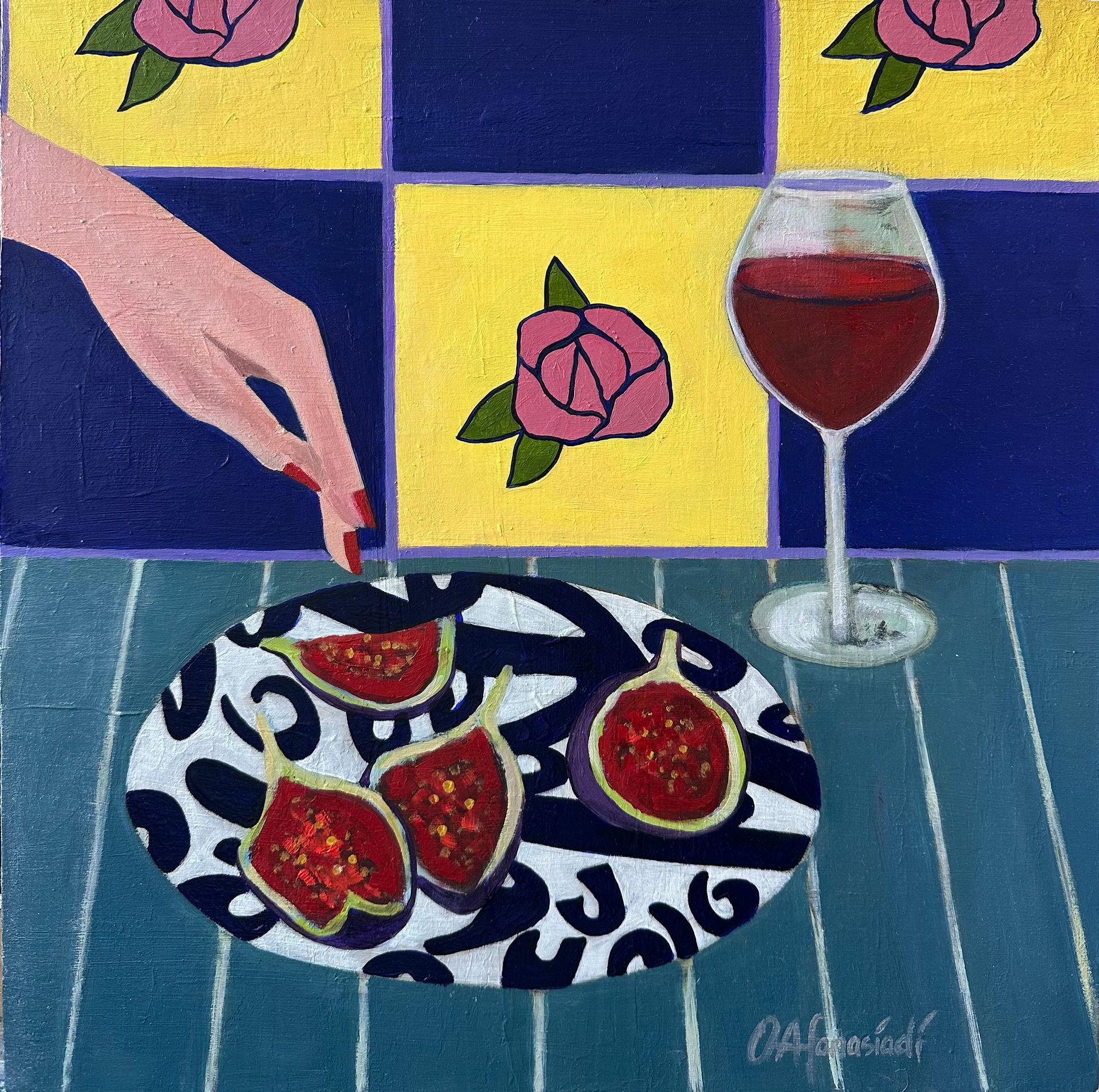 Ольга Афанасиади (Картина, живопись - 
                  40 x 40 см) Натюрморт с инжиром и вином