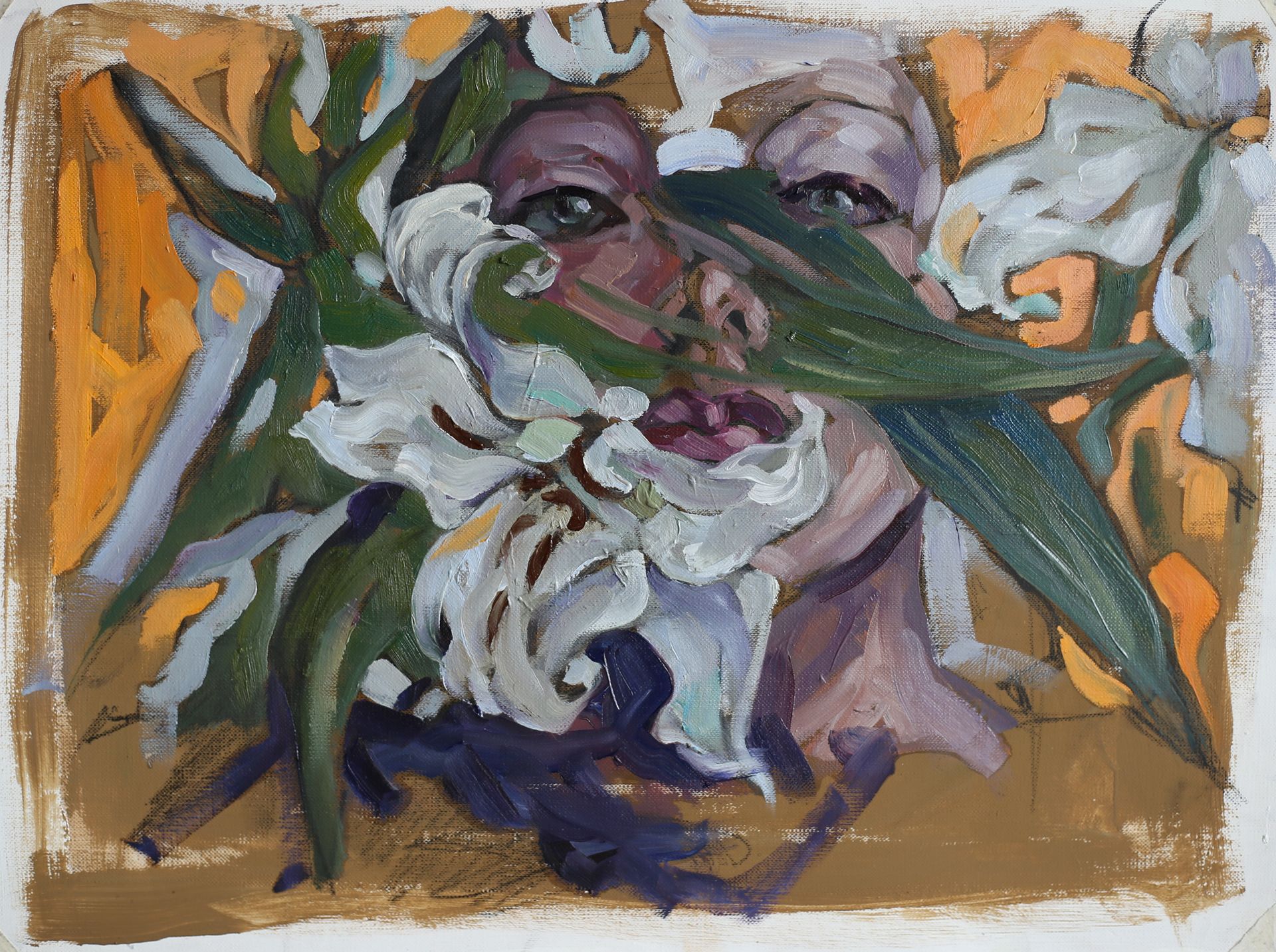 Lola Marinn (Авторская графика - 
                  42 x 30 см) Ищите внутри себя свет. Женщина с лилиями на желтом