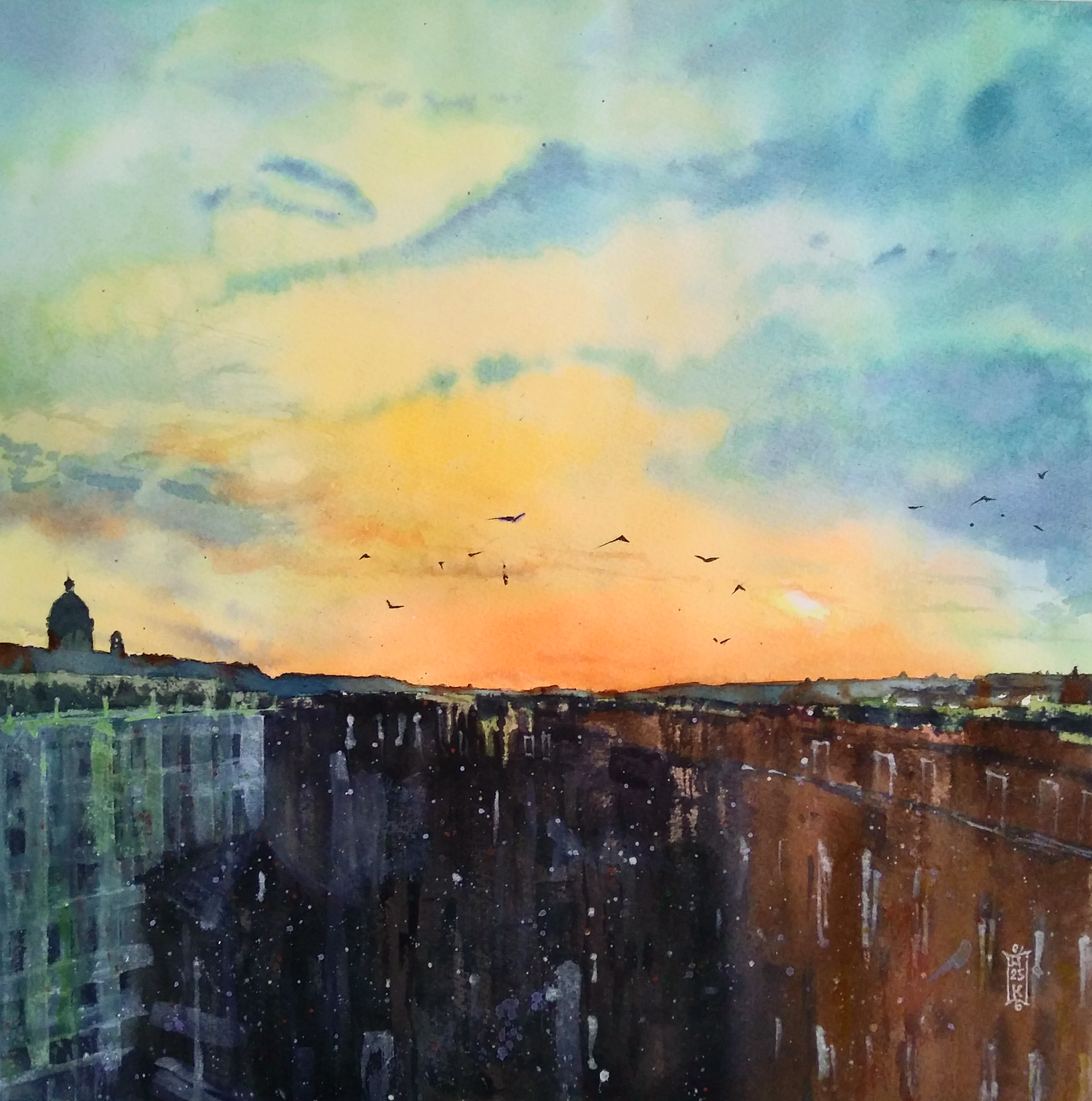 Александр Кормилицын (Авторская графика - 
                  40 x 40 см) Закат над площадью Испании