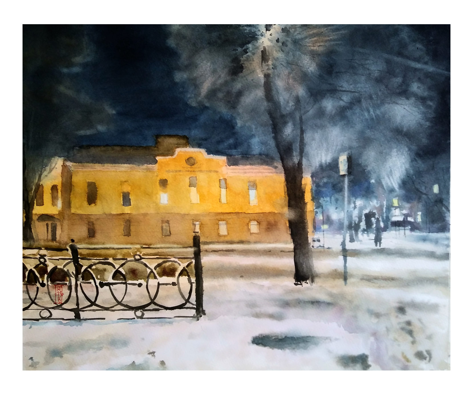 Александр Кормилицын (Авторская графика - 
                  36 x 29.5 см) Торгово-промышленная палата зимним вечером