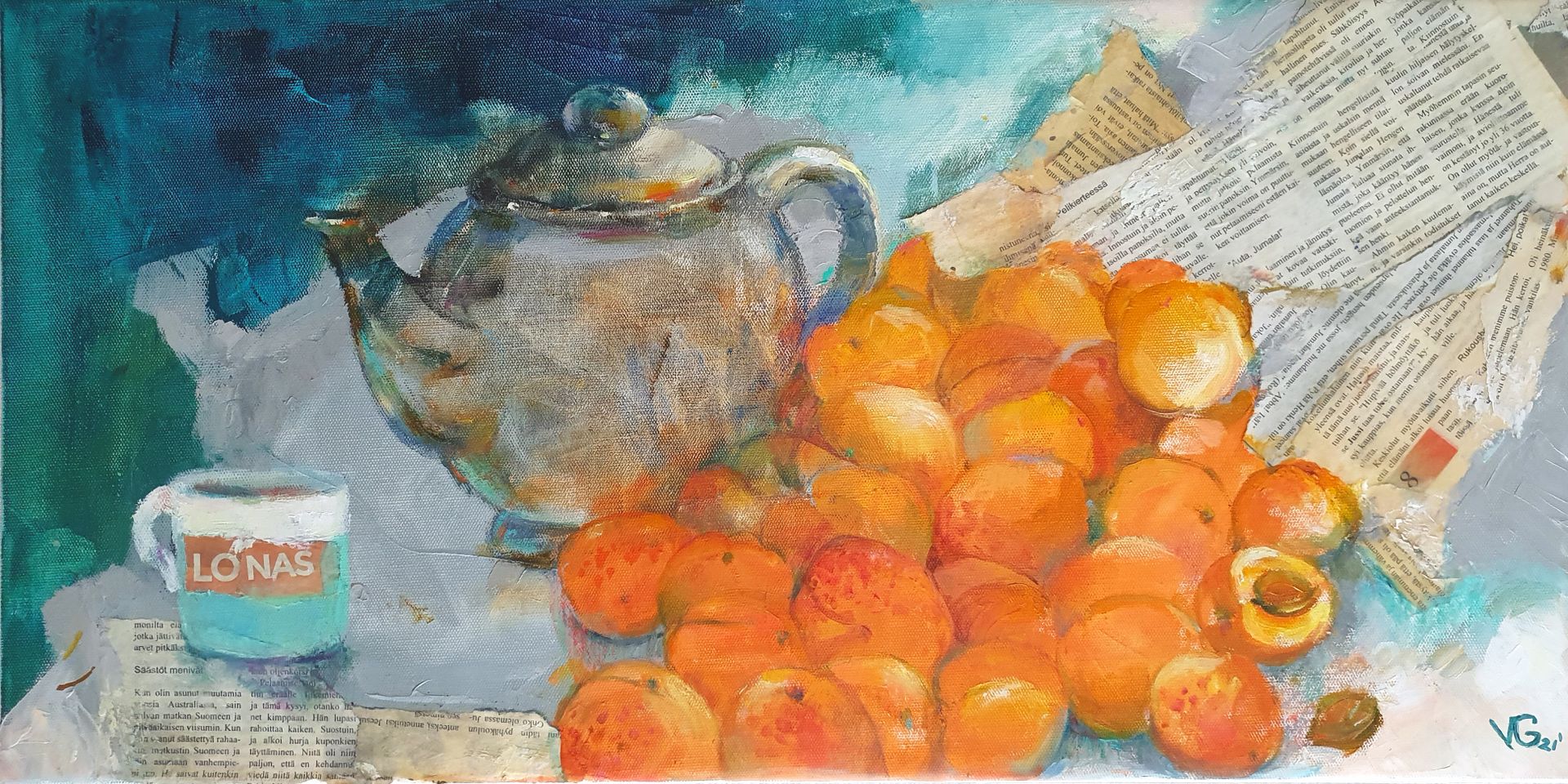 Валентина Гайчук (Картина, живопись - 
                  70 x 35 см) Натюрморт с чайником и абрикосами