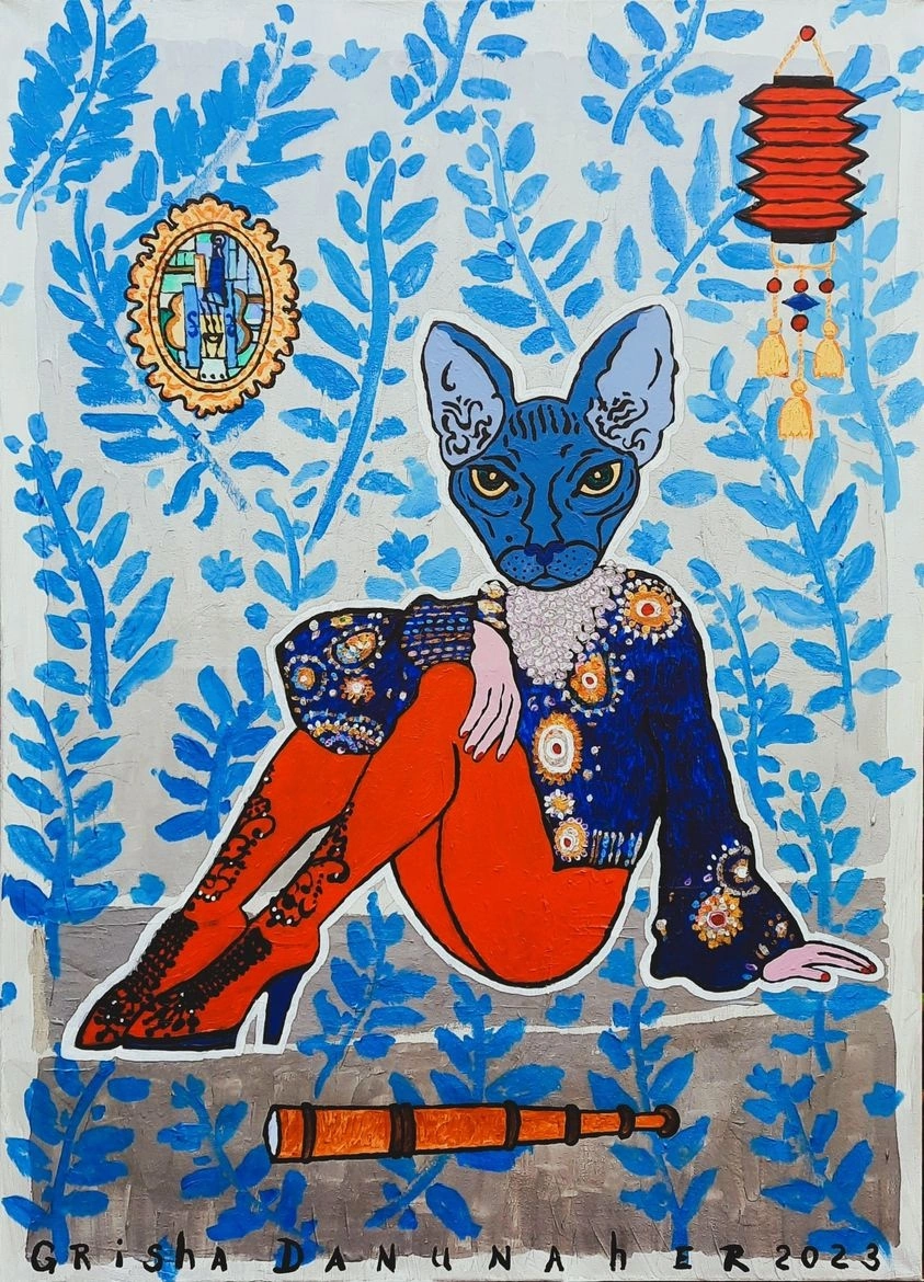 Grisha Danunaher (Картина, живопись - 
                  80 x 100 см) Девочка-сфинкс с подзорной трубой