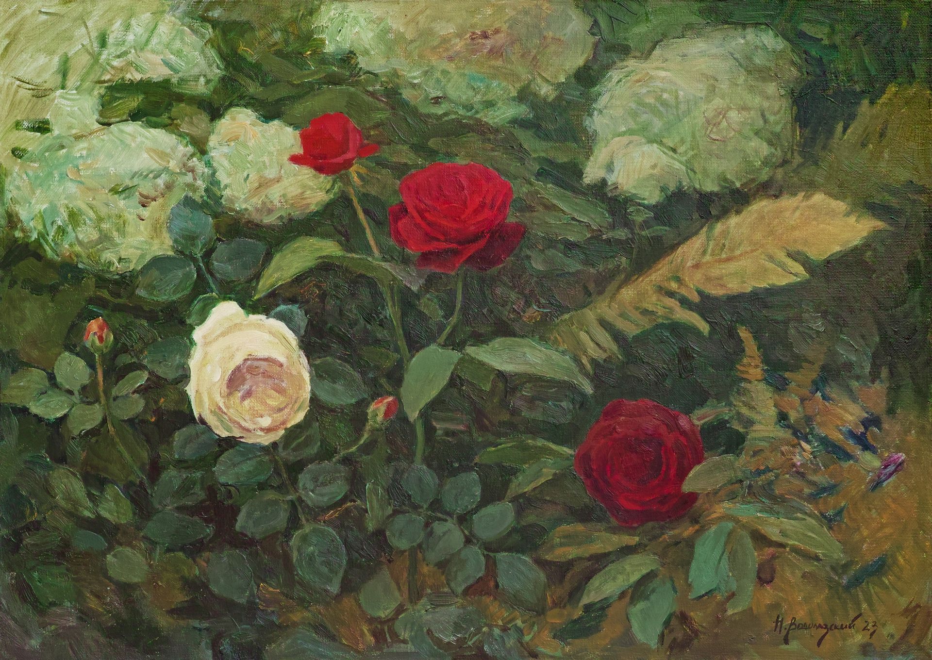 Николай Водолазский (Картина, живопись - 
                  59 x 42 см) Розы и гортензии