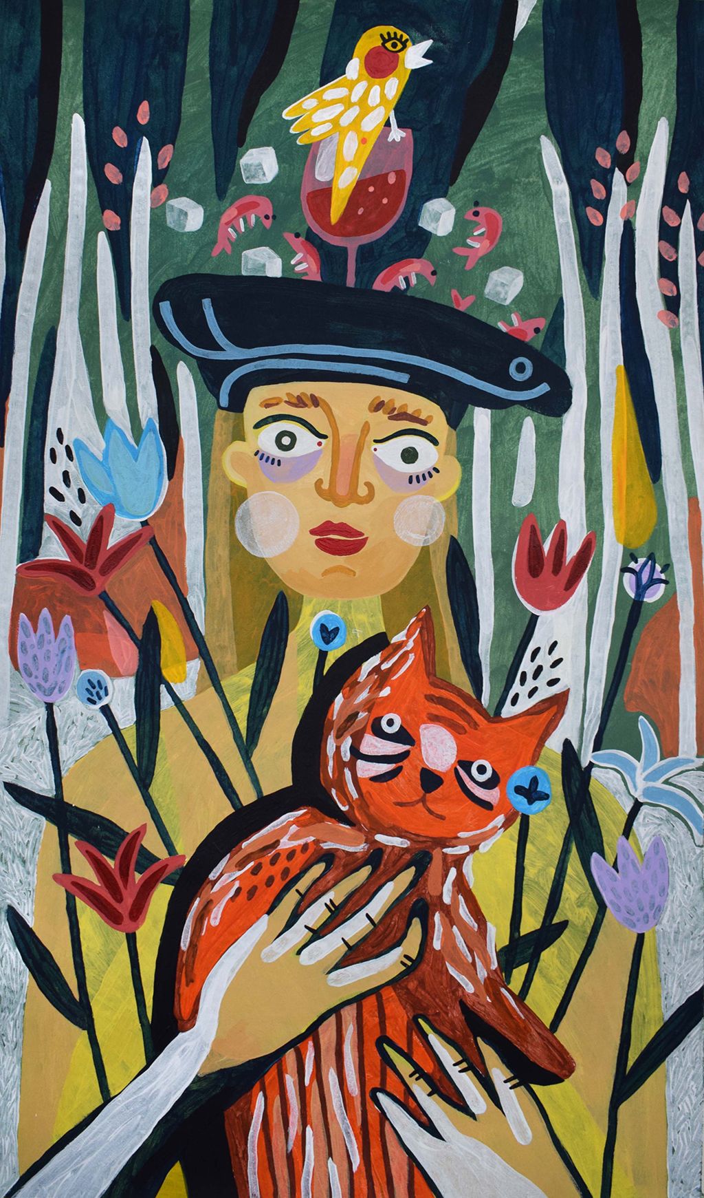 Лена Романовская (Картина, живопись - 
                  50 x 85 см) Портрет с котом и птичкой #1