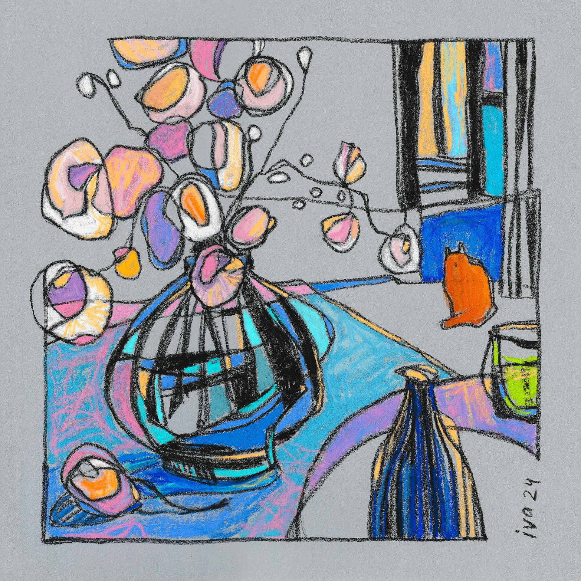 Татьяна Ивченкова (Авторская графика - 
                  32 x 32 см) Натюрморт с рыжим котом