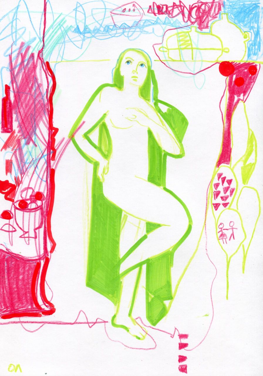 Олеся Лишаева (Авторская графика - 
                  21 x 30 см) Мысли на кухне