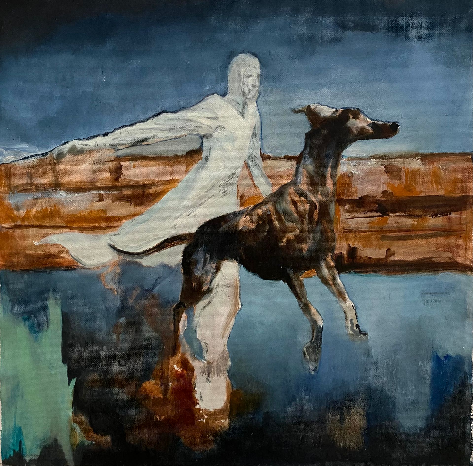 Лена Троянская (Картина, живопись - 
                  40 x 40 см) Полет человека и собаки (Каюр)