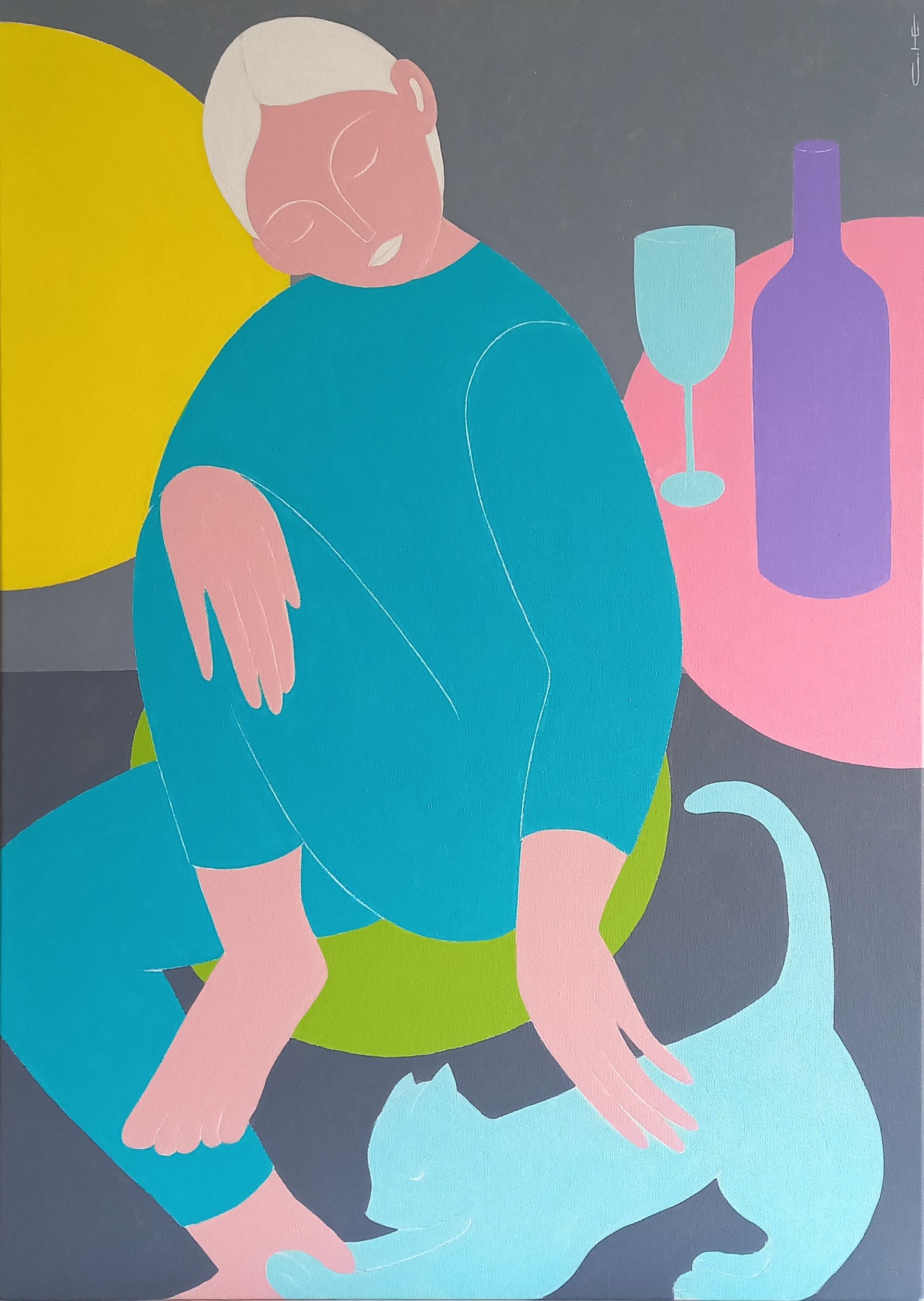 Саша Катинаускиене (Картина, живопись - 
                  50 x 70 см) С голубой кошкой. За розовым столом