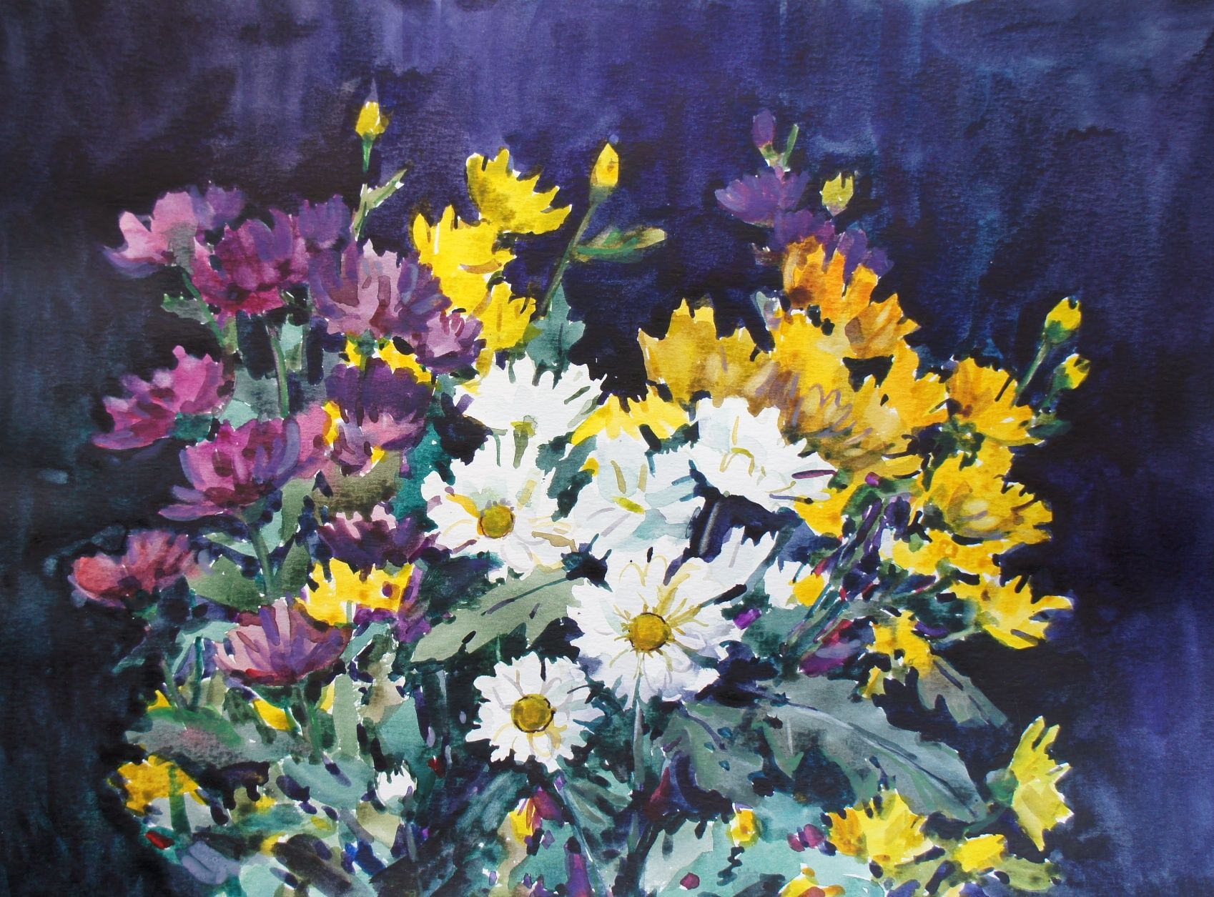 Елена Санина (Авторская графика - 
                  39 x 27 см) Хризантемы на темном фоне