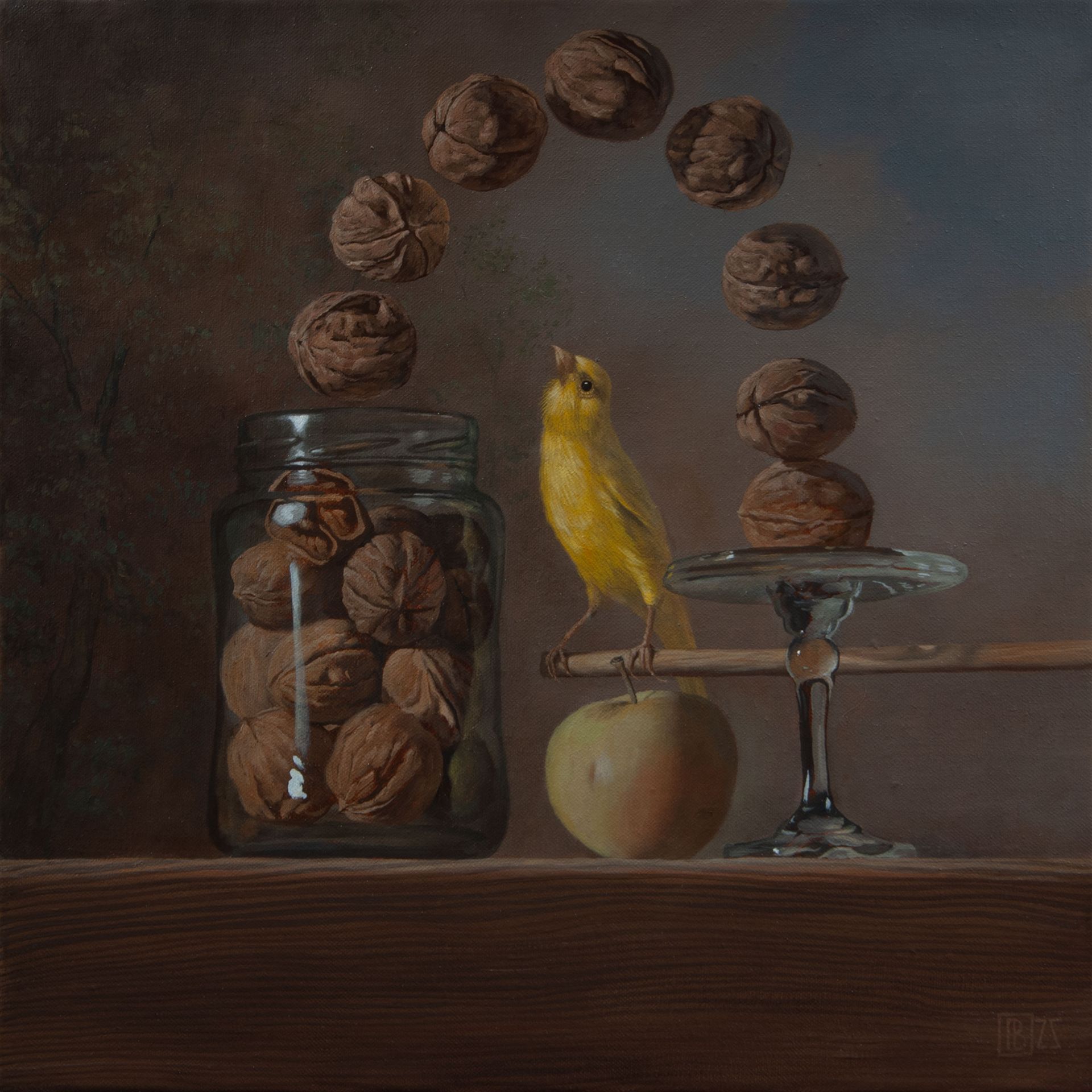 Всеволод Рассохин (Картина, живопись - 
                  40 x 40 см) Канарейка под аркой из грецких орехов