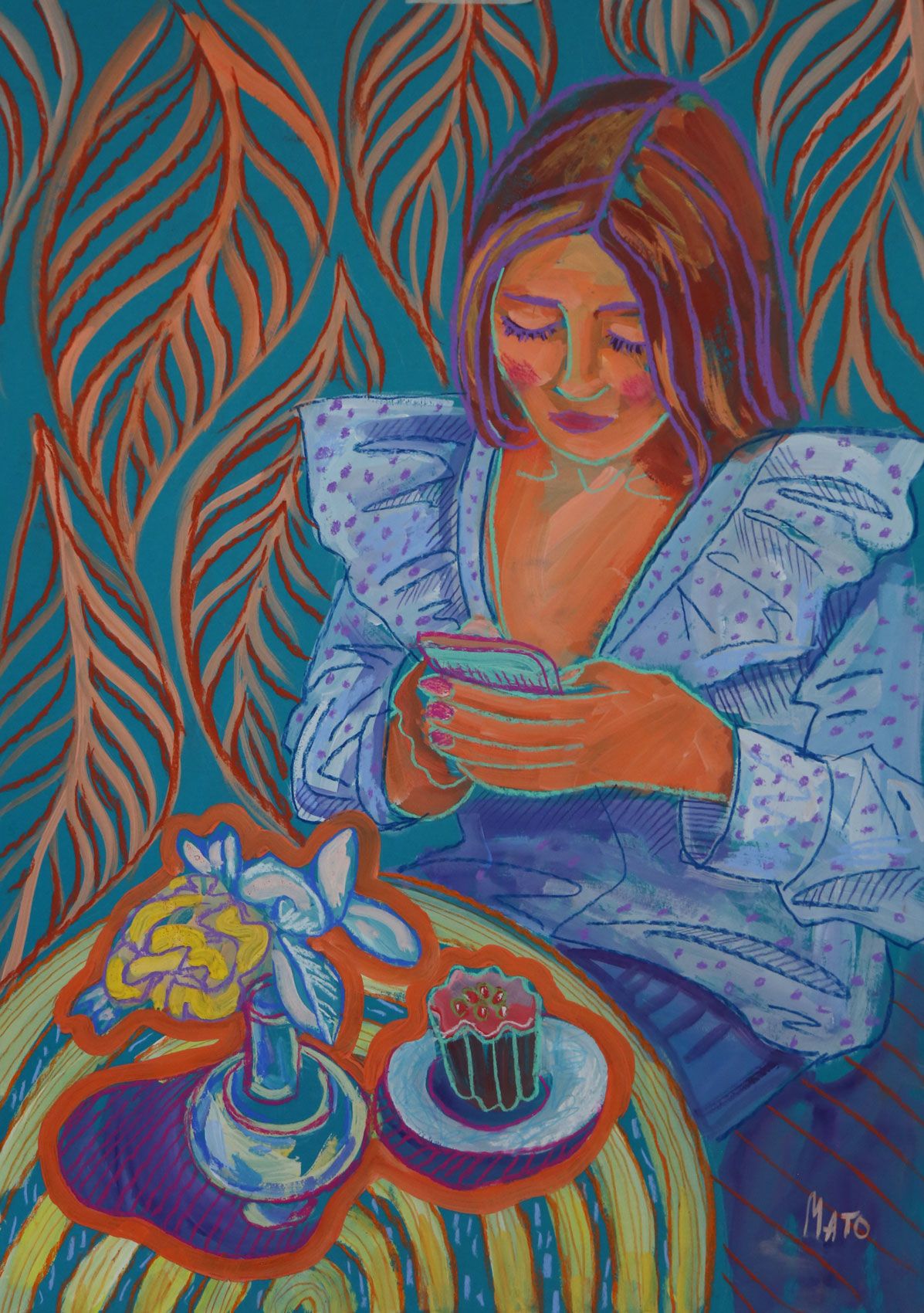 Александра Мато (Авторская графика - 
                  50 x 70 см) Девушка в кафе