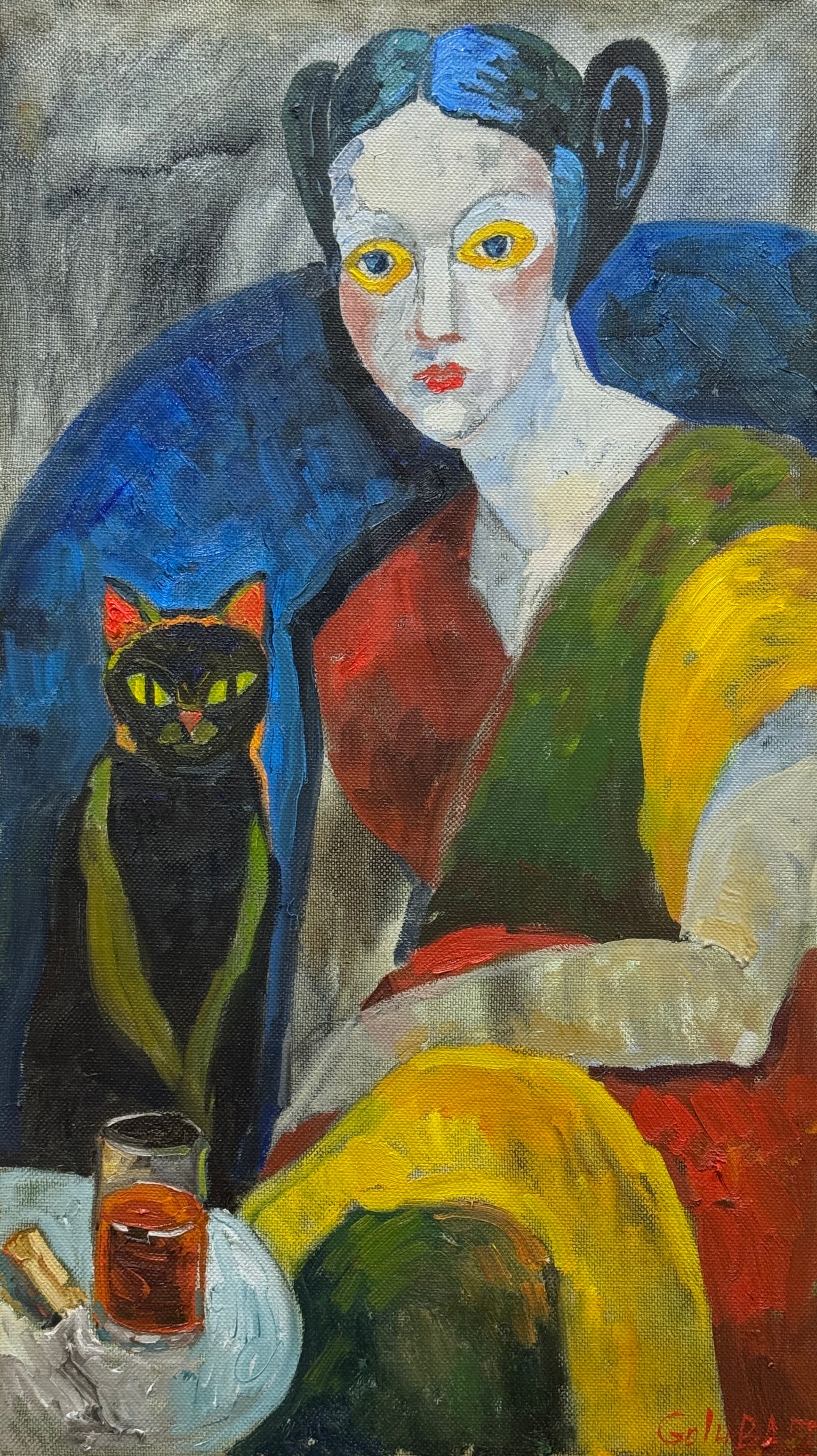 Анна Голубь (Картина, живопись - 
                  40 x 70 см) Вечерело (Черная кошка и пирожное)