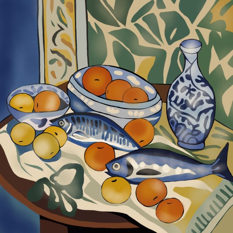 Нина Цориева (Картина, живопись - 
                  70 x 70 см) Натюрморт с рыбой