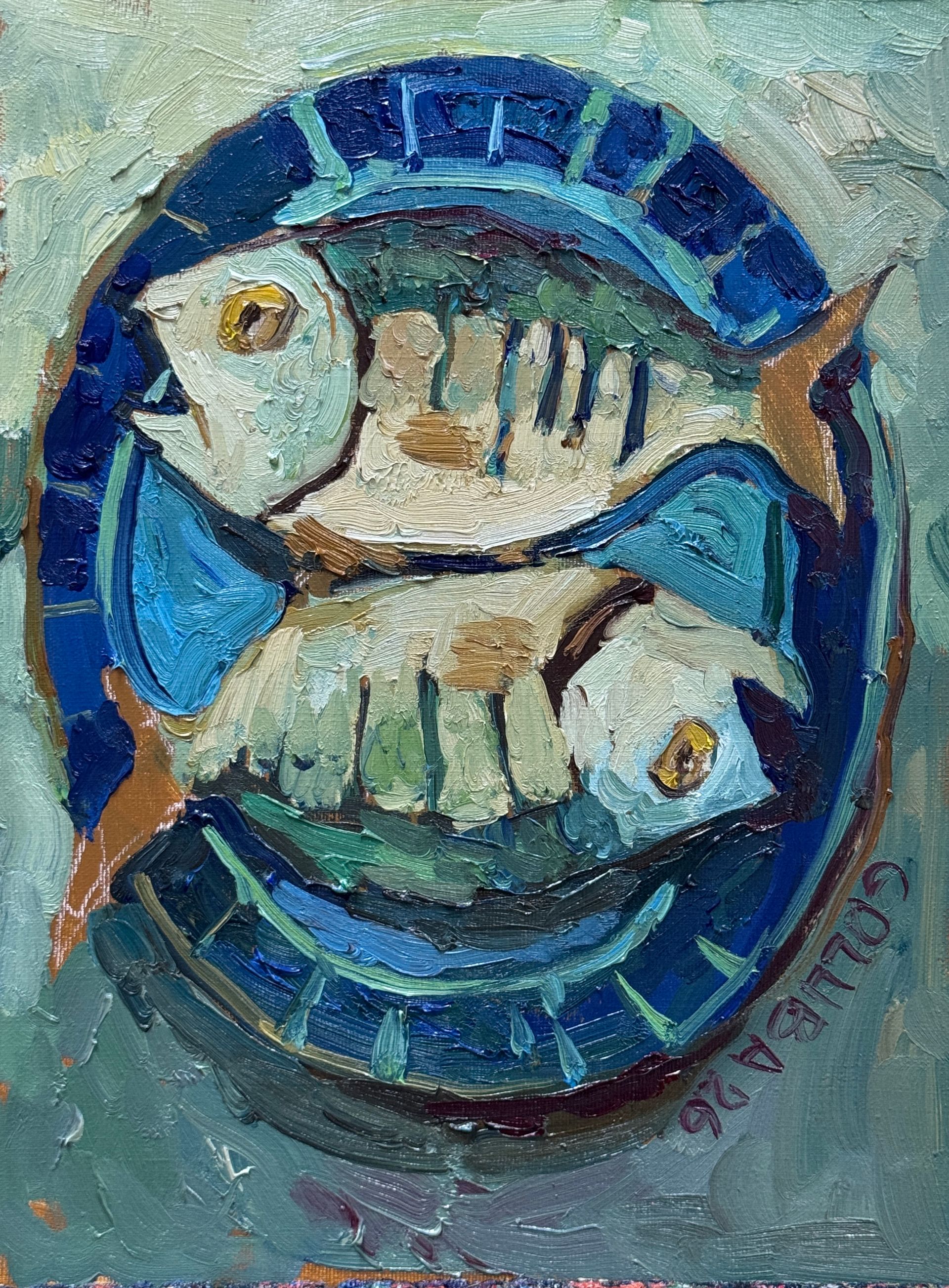 Анна Голубь (Картина, живопись - 
                  30 x 40 см) Рыбы на синей тарелке