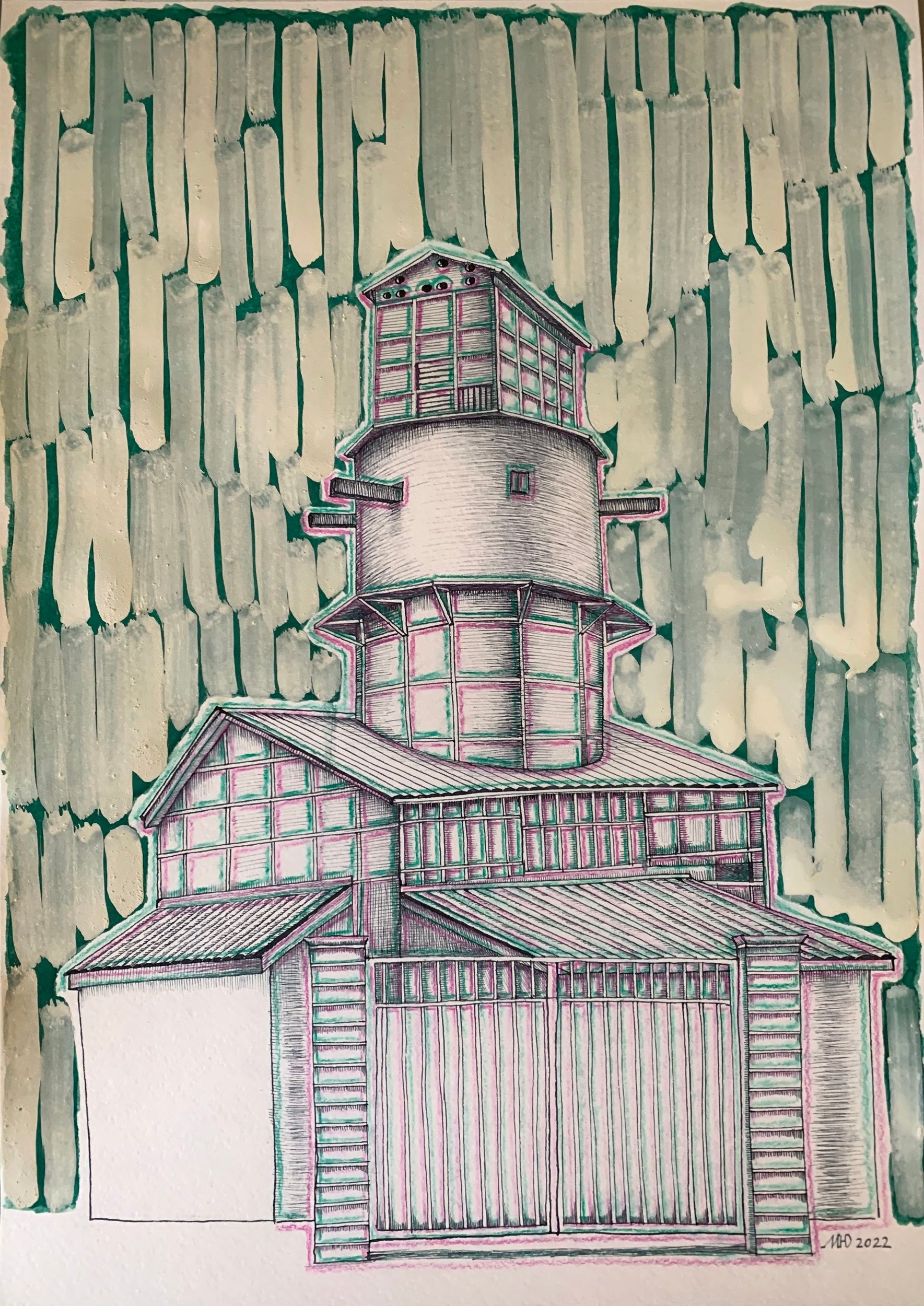 Юлия Малинина (Авторская графика - 
                  30 x 40 см) Что случилось с водонапорной башней