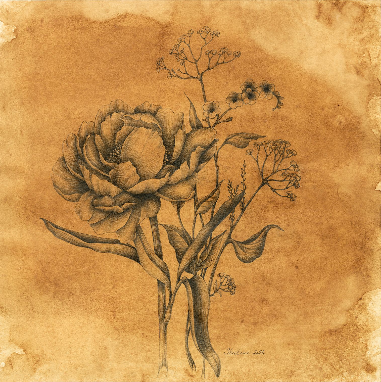 ELENA SKUTOVA (Авторская графика - 
                  57 x 57 см) Flowers #4