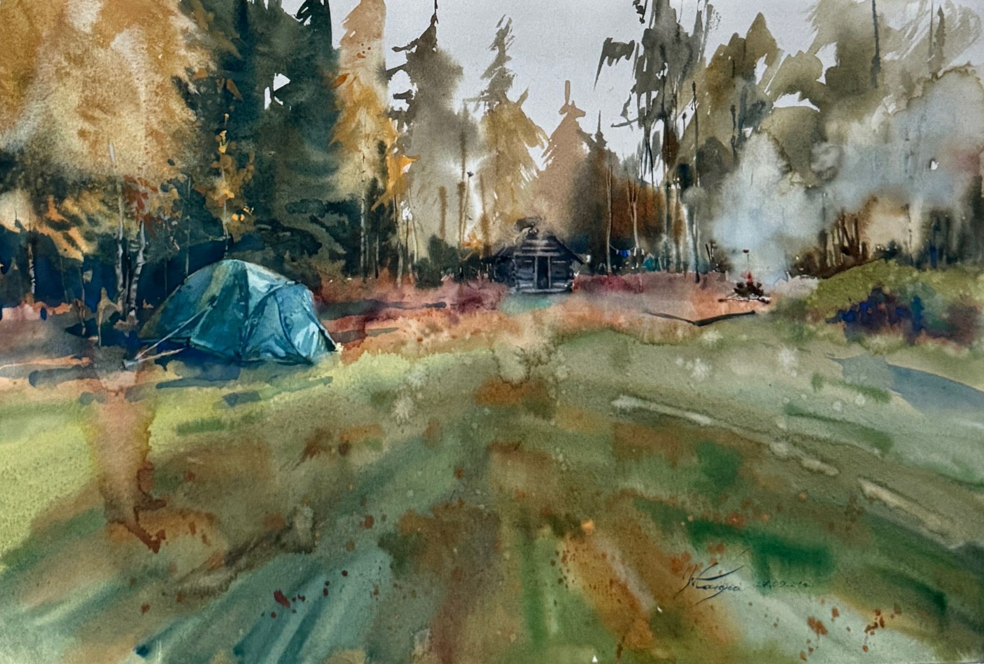 Жанна Губина (Авторская графика - 
                  57 x 38 см) Палаточный лагерь. Паанаярви