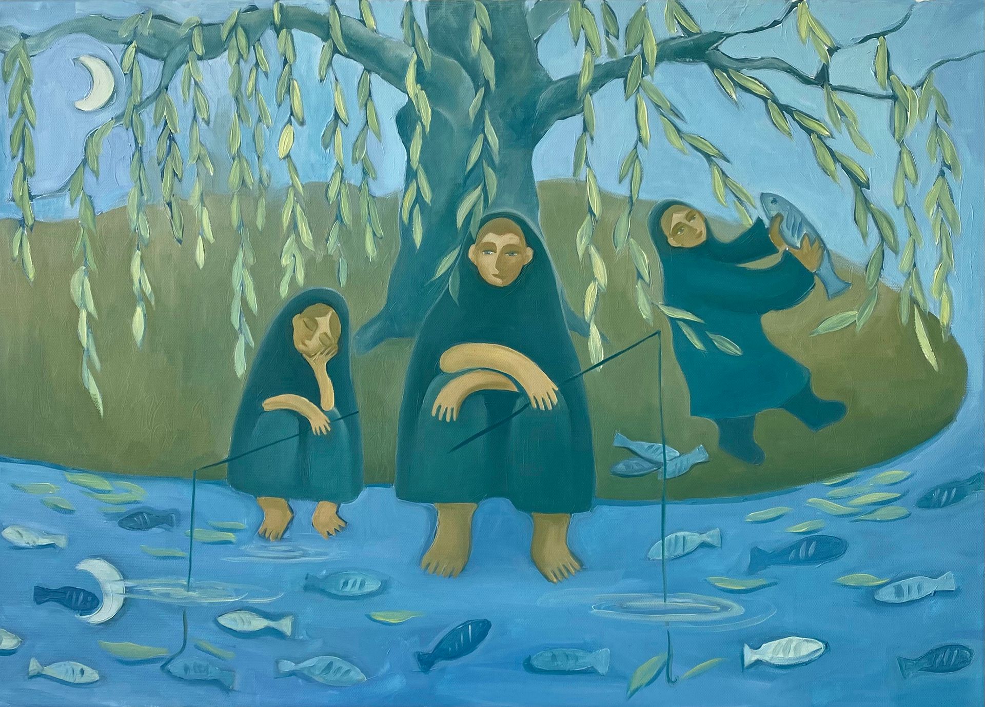 Анастасия Лимонова (Картина, живопись - 
                  70 x 50 см) Рыбалка с дочерьми