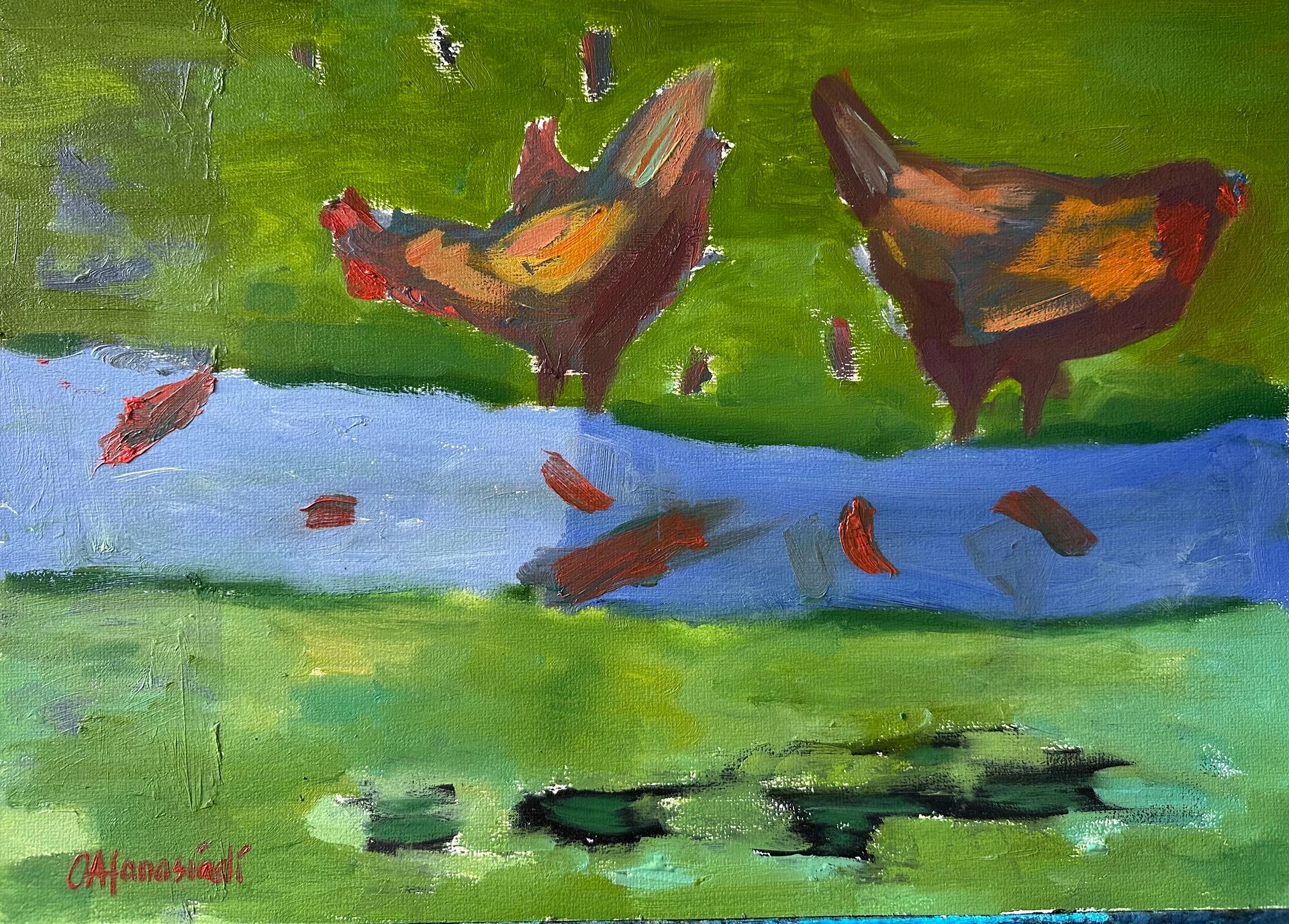 Ольга Афанасиади (Авторская графика - 
                  40 x 30 см) Этюд с курицами на водопое