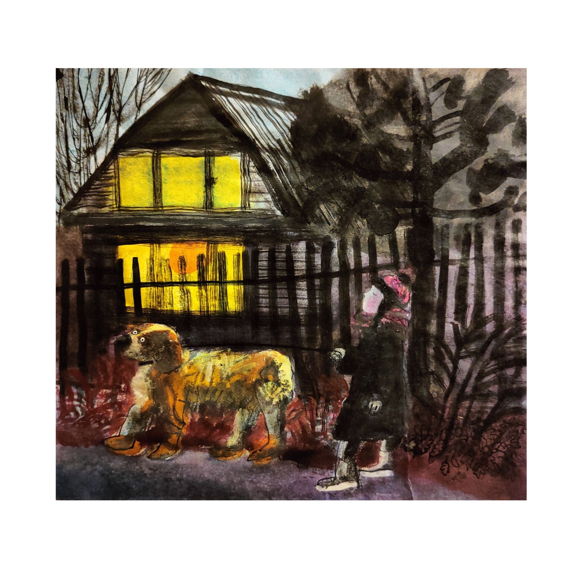 Варвара Голланд (Авторская графика - 
                  52 x 49.5 см) Прогулка с псом
