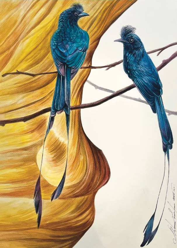 Екатерина Маркина (Авторская графика - 
                  35 x 50 см) Синие птицы и золото