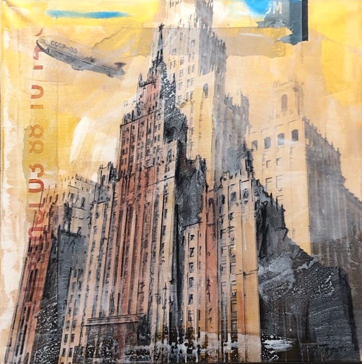 Катя-Анна Тагути (Картина, живопись - 
                  80 x 80 см) Высотка с дирижаблем