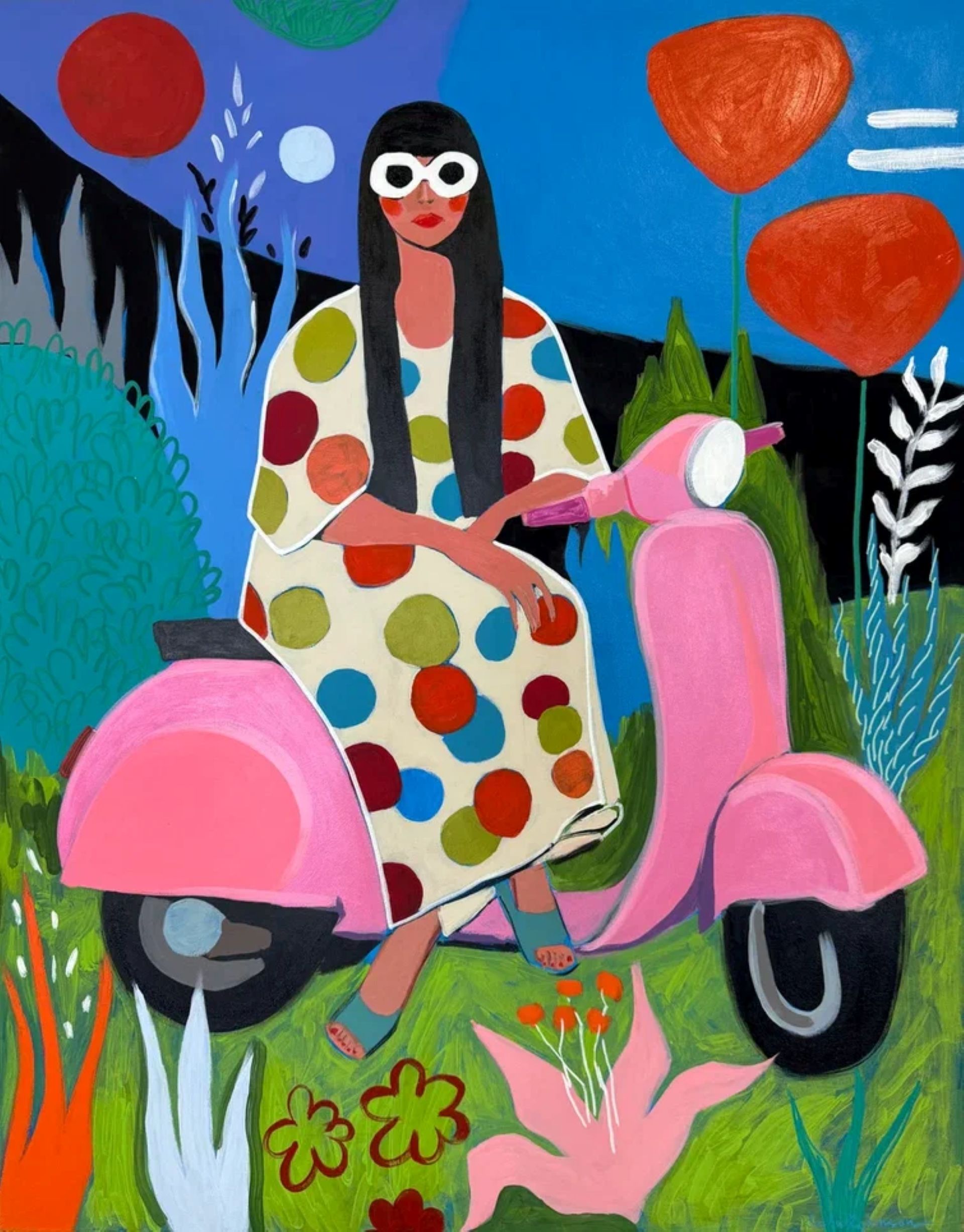 Саша Робинсон (Картина, живопись - 
                  80 x 100 см) Портрет девушки на розовом скутере