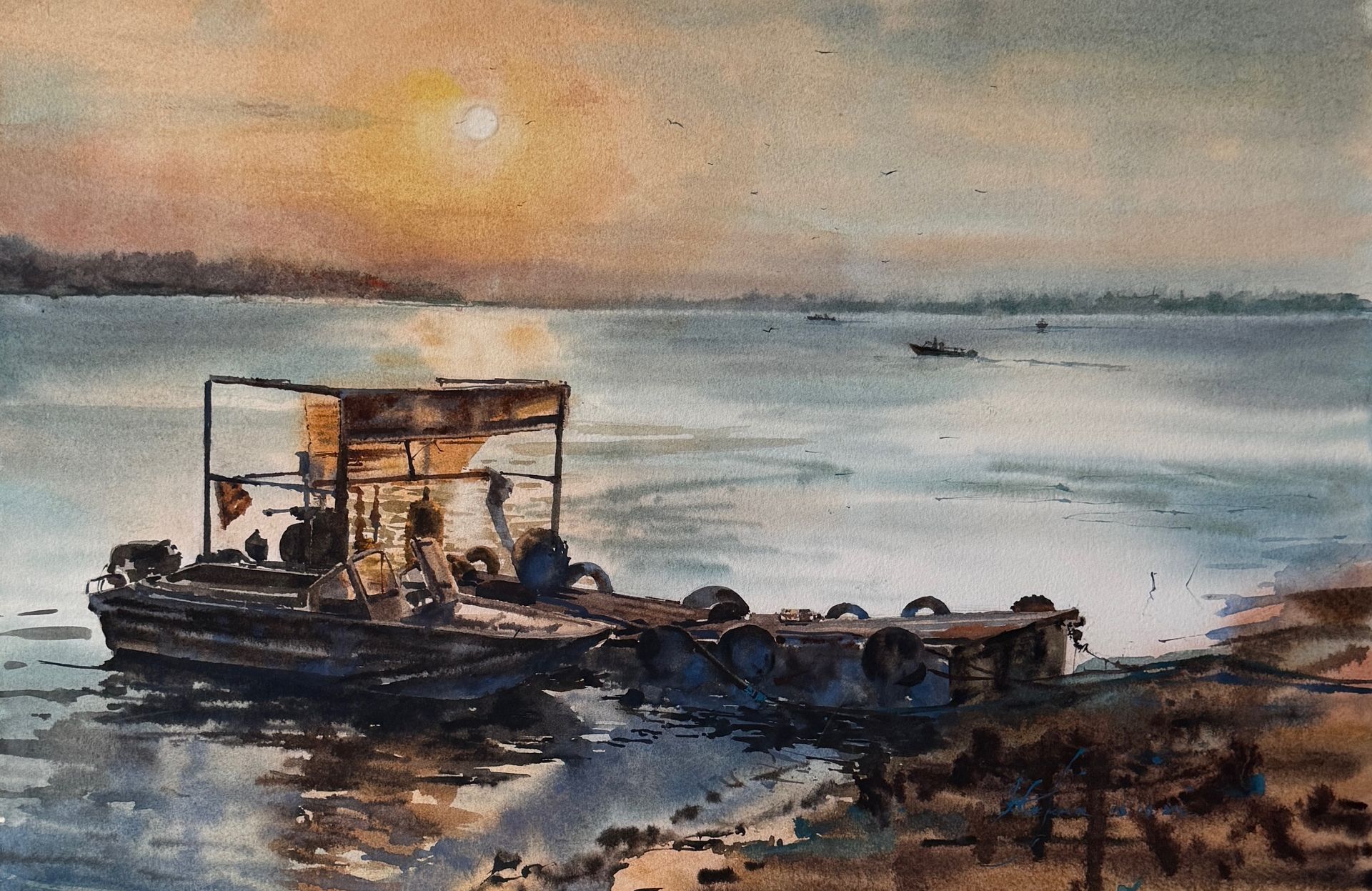 Жанна Губина (Авторская графика - 
                  45.5 x 30.5 см) На берегу Волги